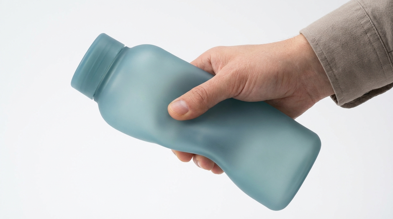 Photorealistic 16:9 close-up of a silicone bottle being squeezed by a hand to show flexibility, showing no stress marks or cracks, professional studio lighting, white background.