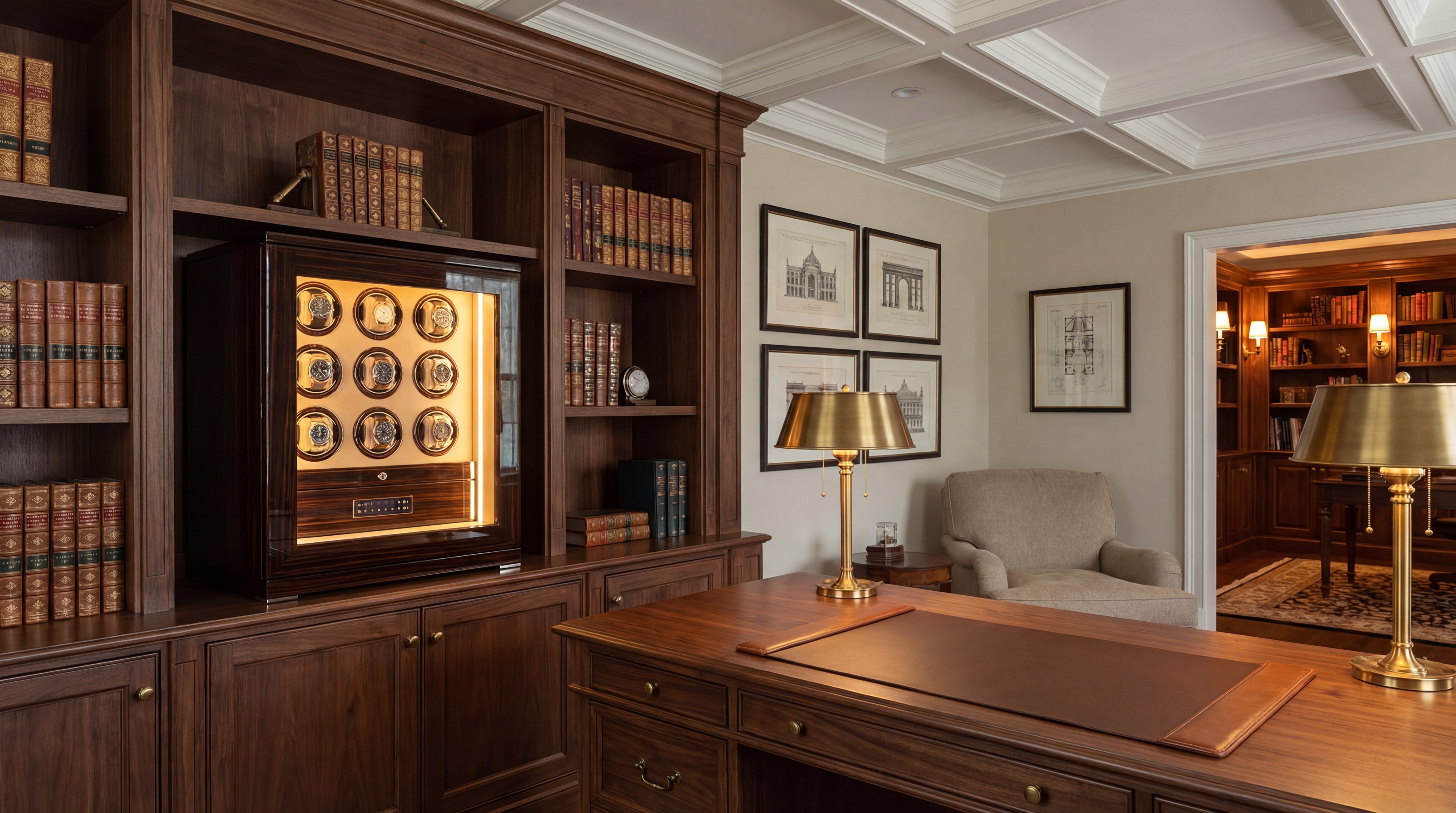 Large watch winder safe integrated into a luxury home office bookcase