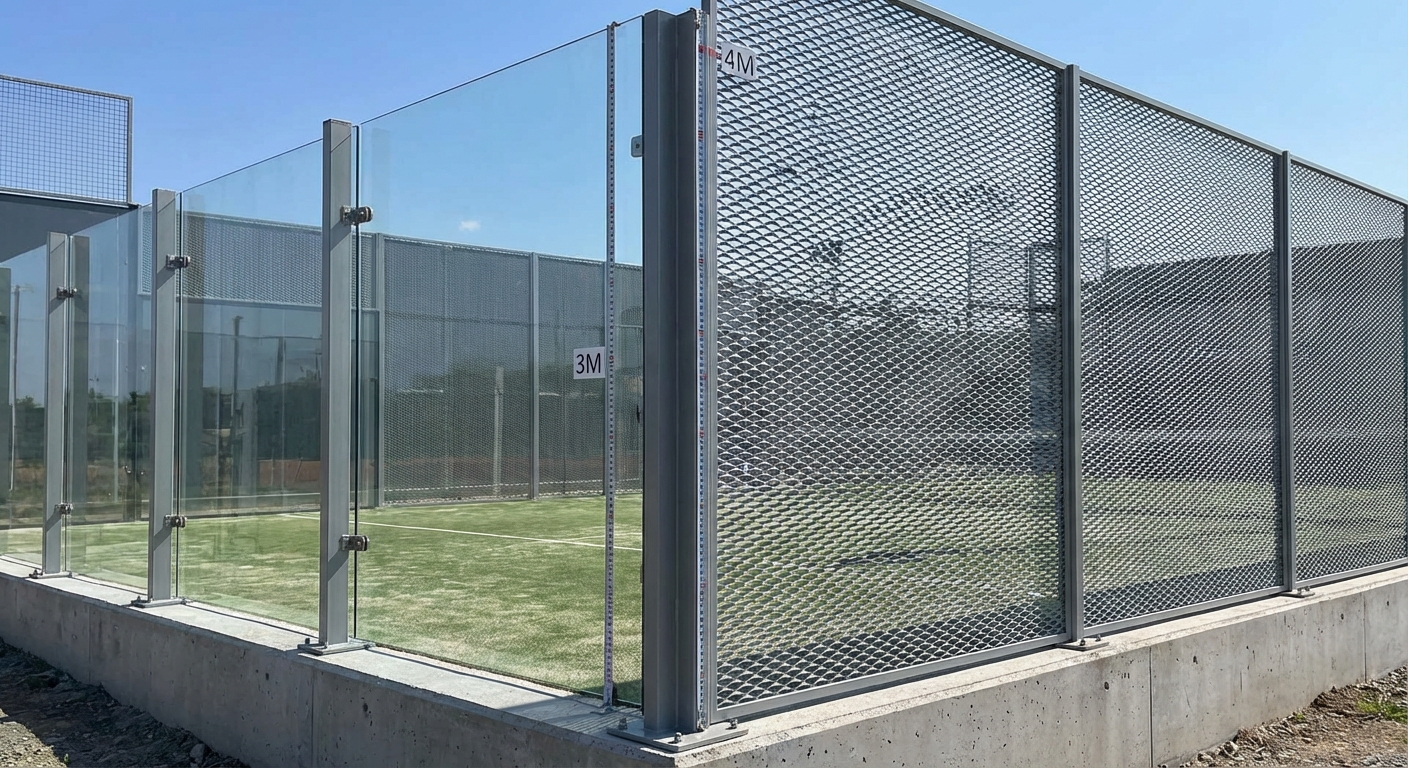 Perspective view showing the transition between tempered glass walls and metallic fencing.