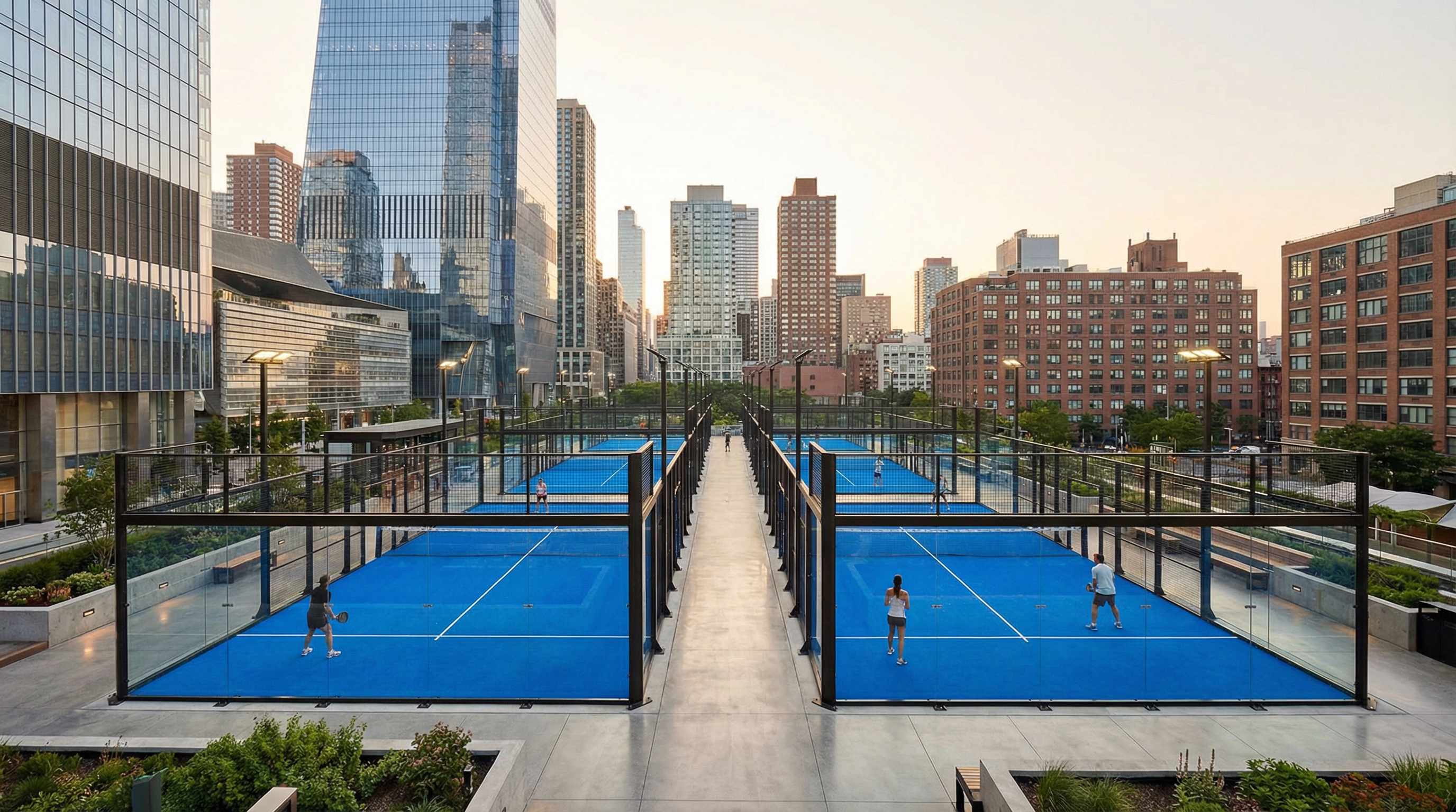 Padel courts at an NYC sports club with players engaged in a match