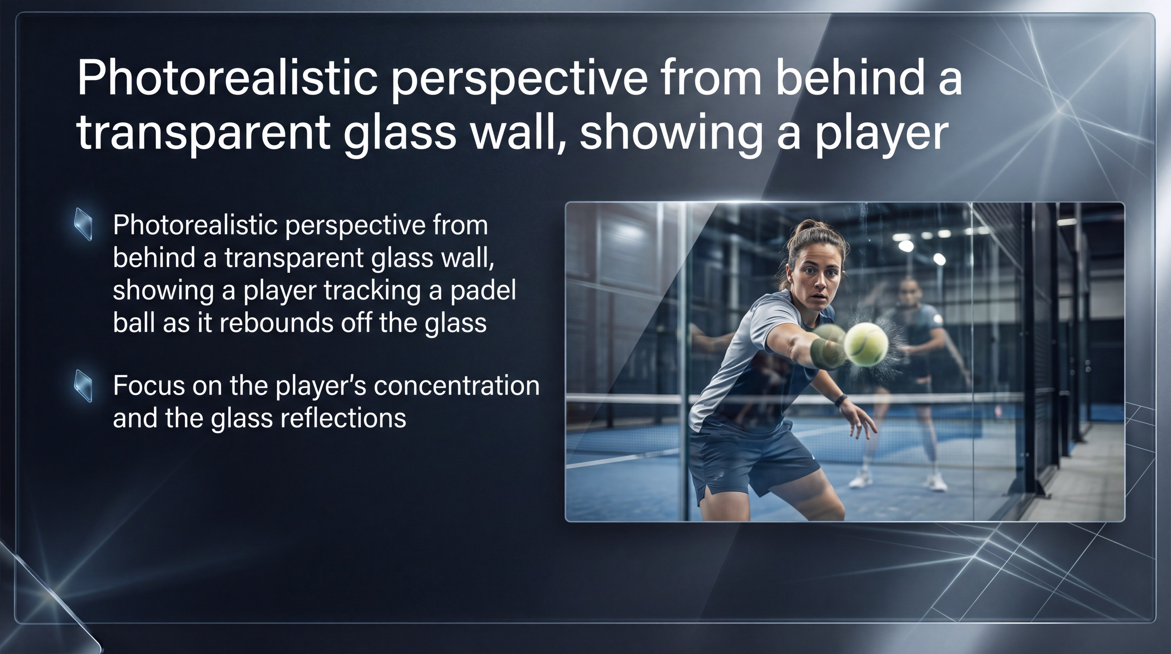 Perspective from behind a transparent glass wall showing a player tracking a ball