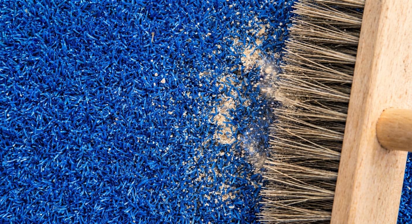 Top-down close-up of blue padel turf being brushed