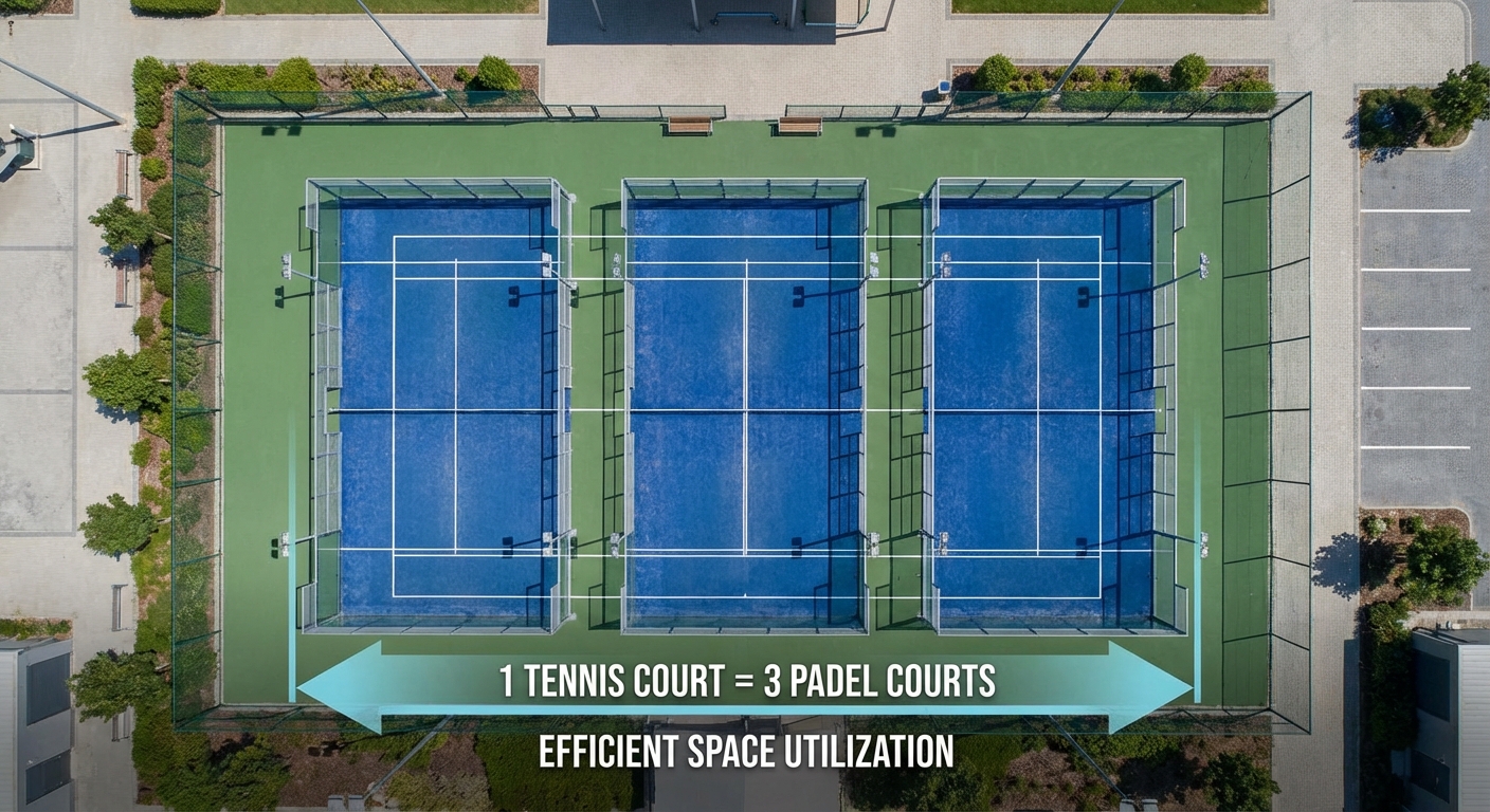 Side-by-side comparison diagram of Padel, Tennis, and Pickleball courts.