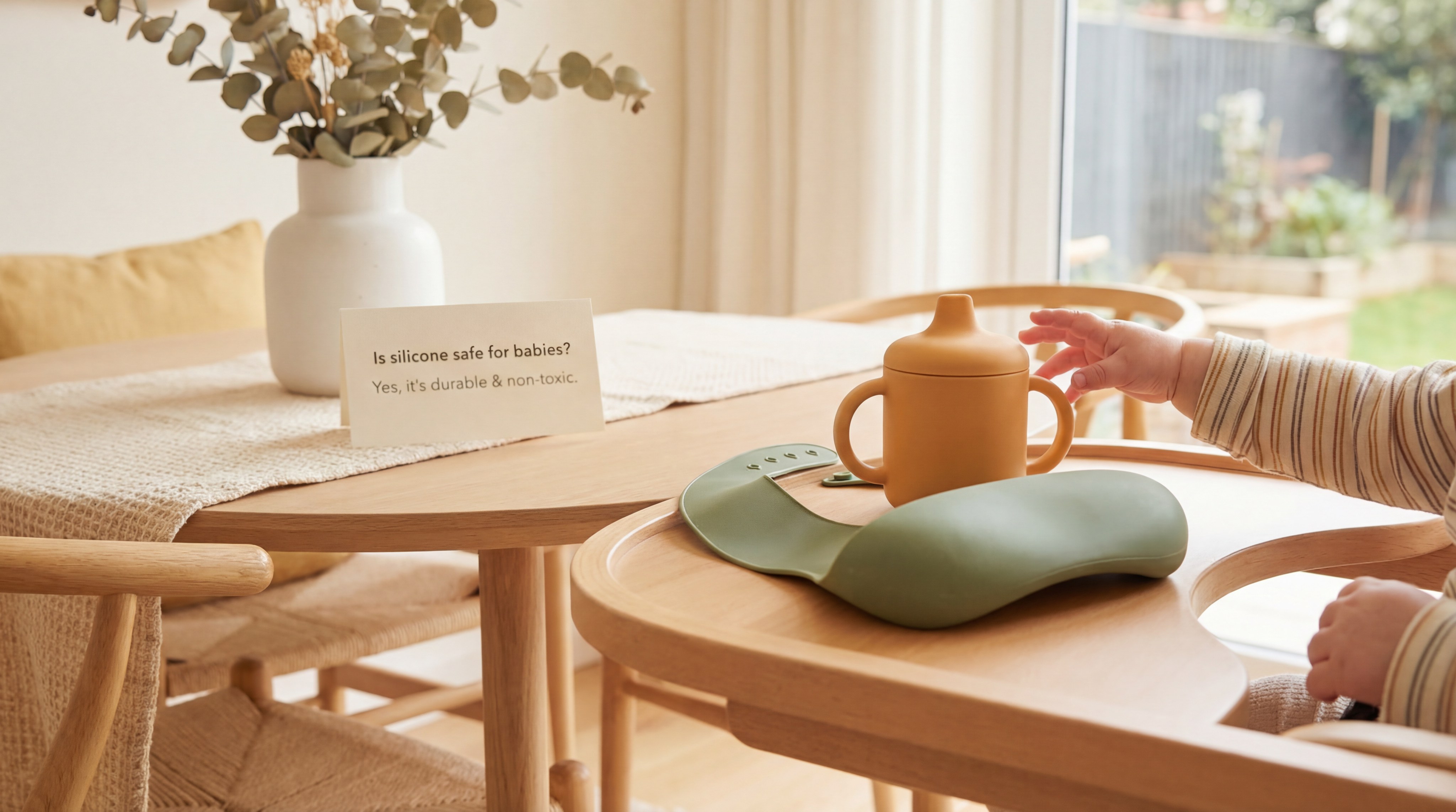 An infant’s hand reaching for a soft, flexible silicone sippy cup and a bib