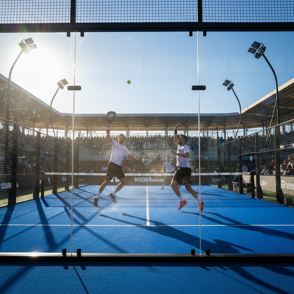 Photorealistic Action Shot: A professional padel player performing a "Bandeja" smash on a panoramic court. index 0