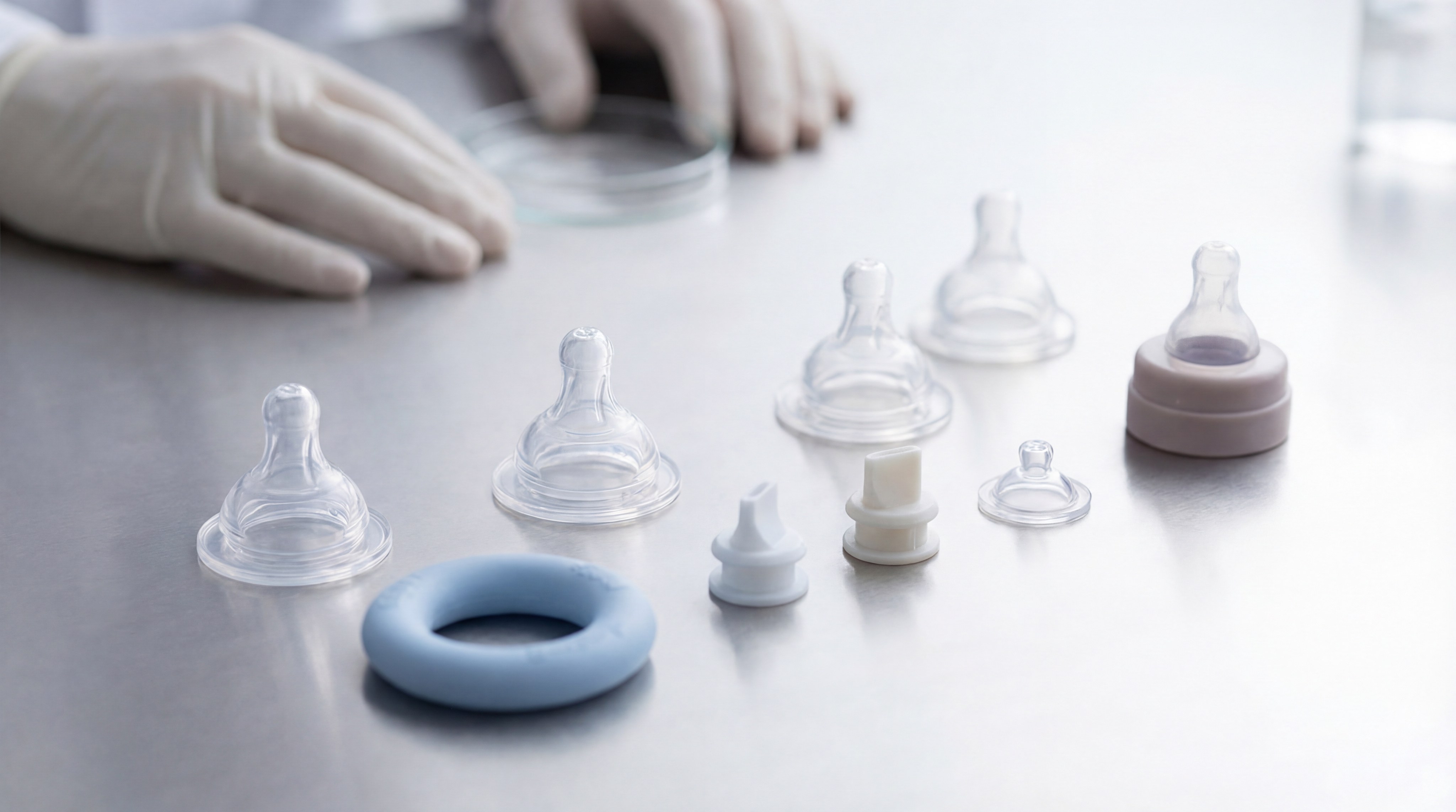 Macro photography of medical grade silicone baby products and nipples