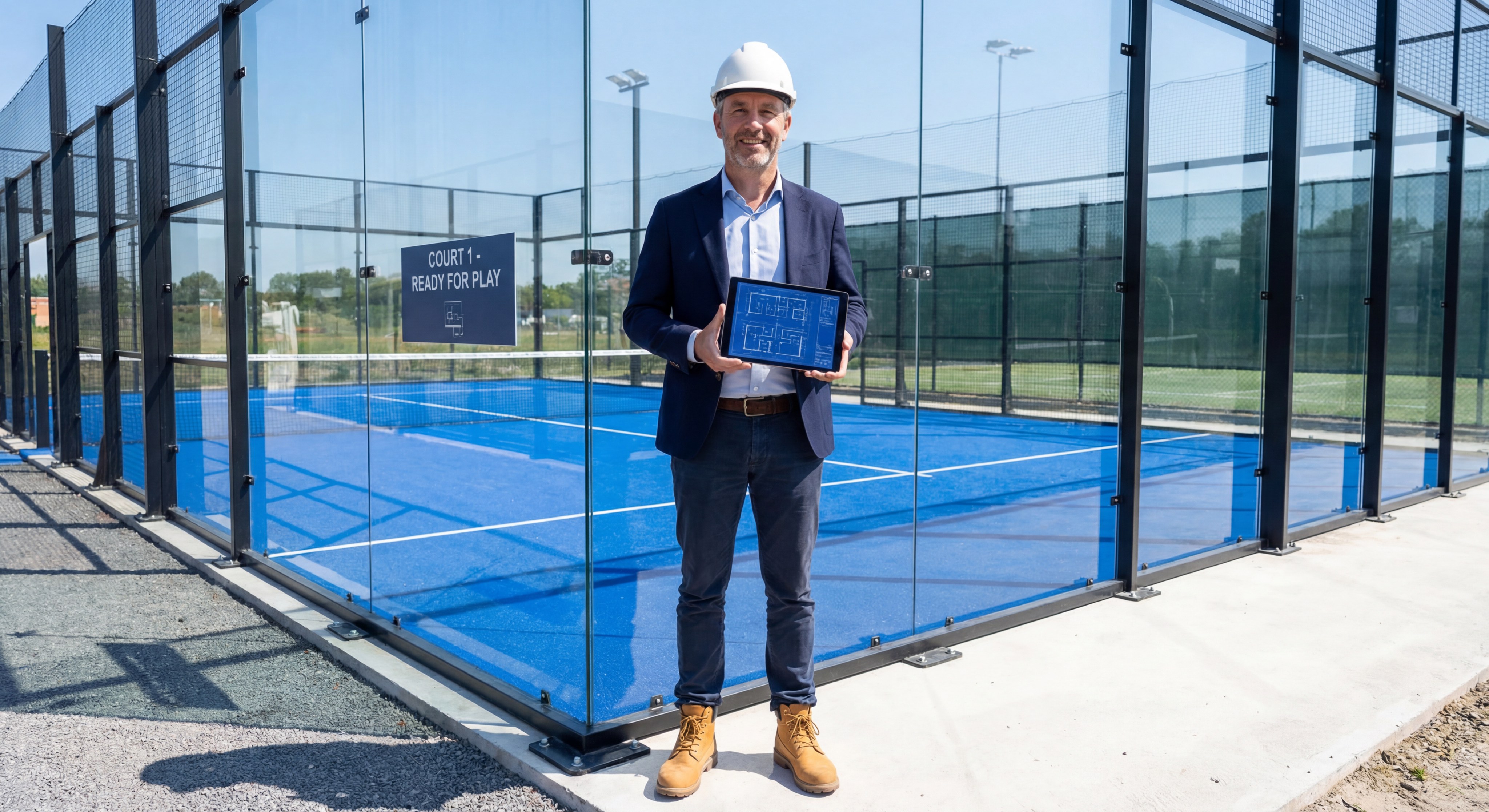 Project manager reviewing blueprints on a tablet at a court site