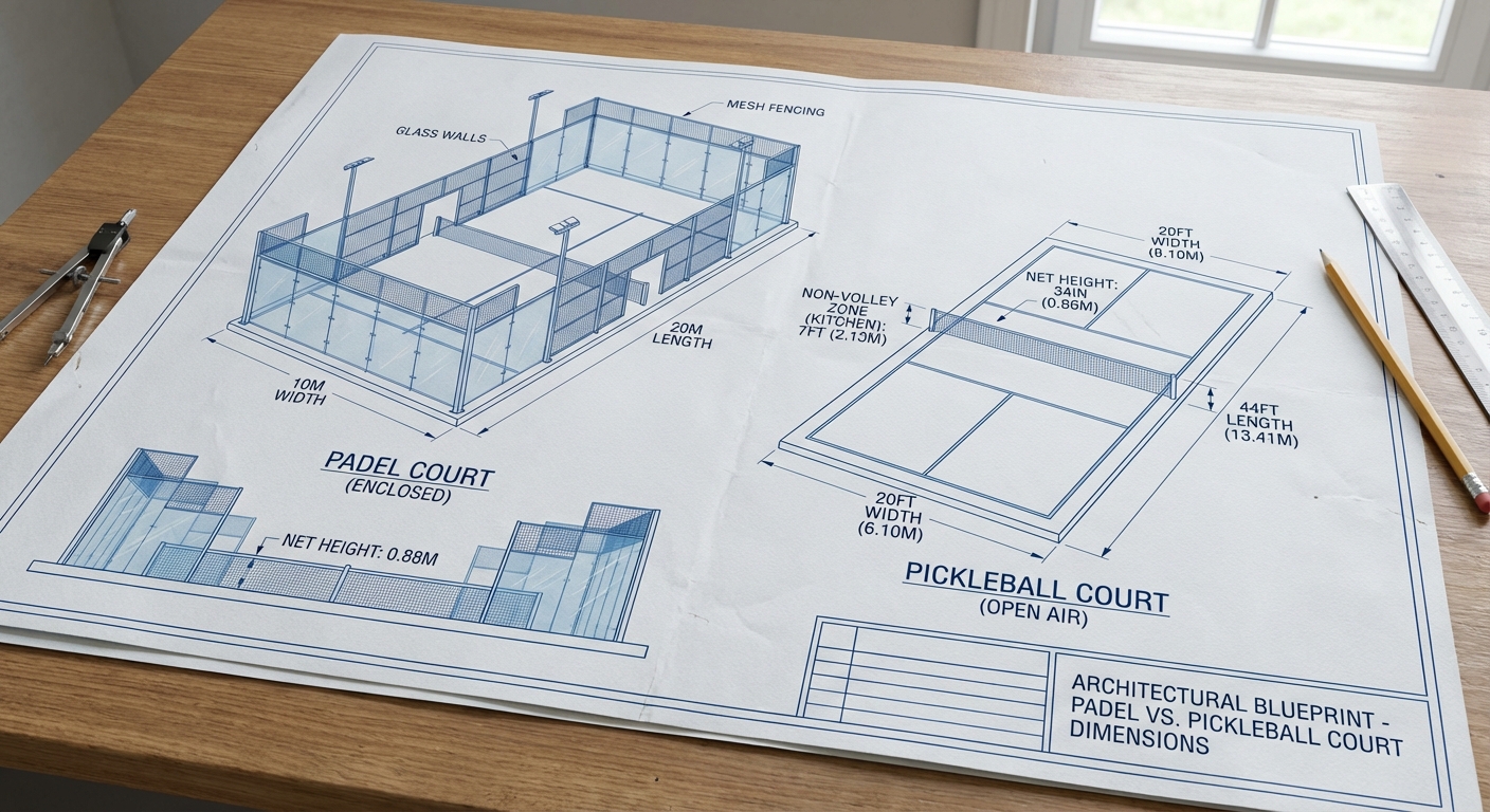 Technical comparison of Padel and Pickleball court dimensions