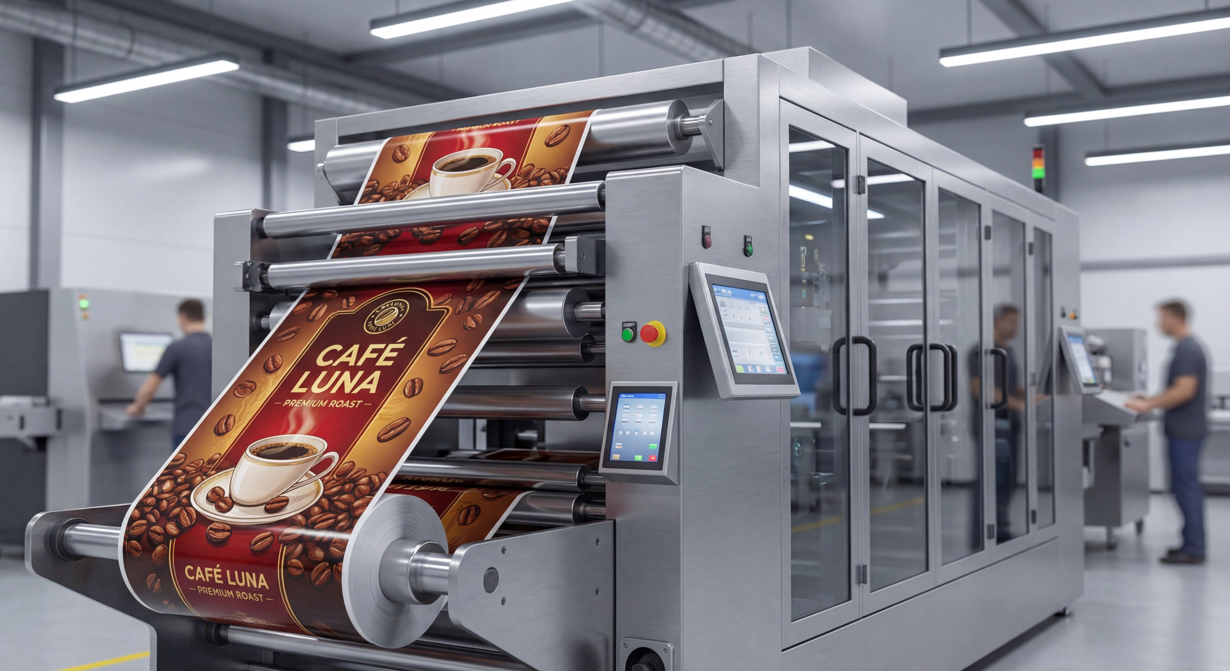 A high-tech digital printing machine for flexible packaging, showing a vivid coffee bag design being printed with precision, photorealistic style.
