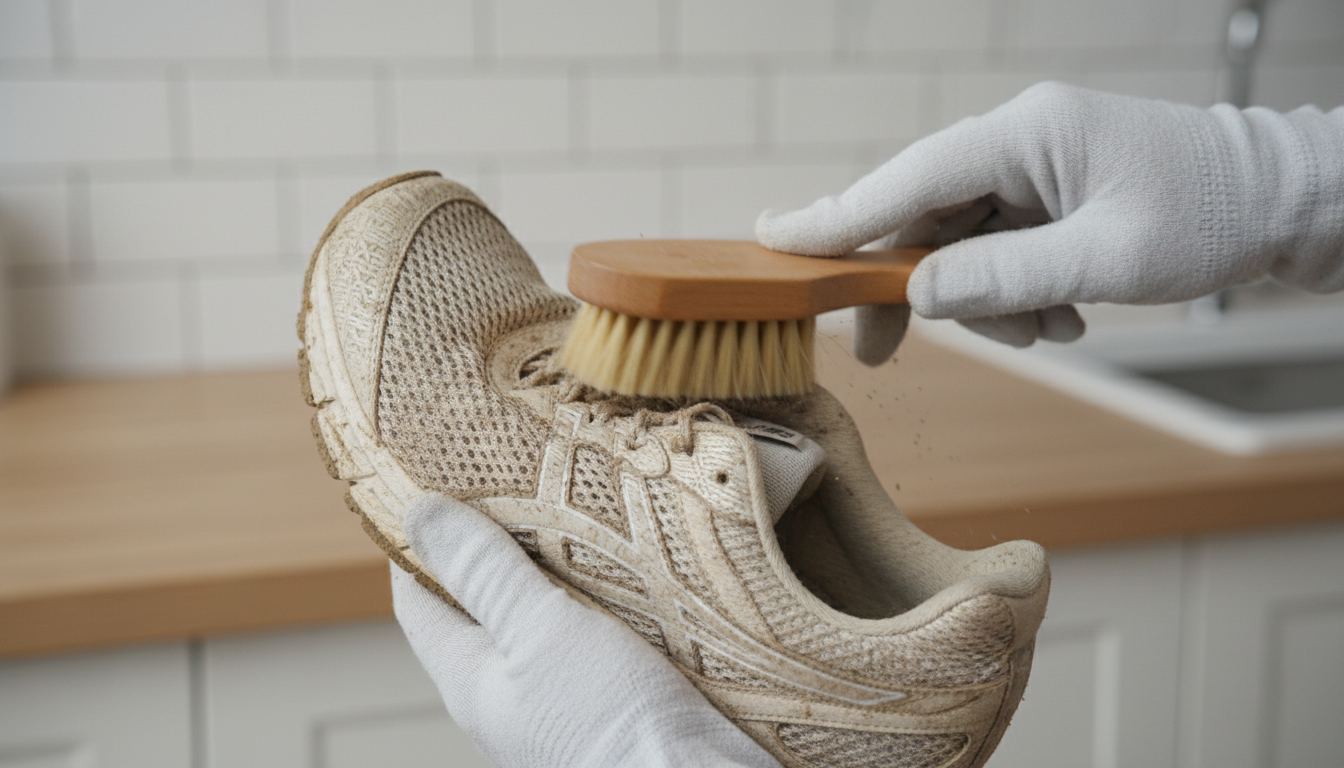 Scrubbing dirt off mesh athletic shoes with a soft brush