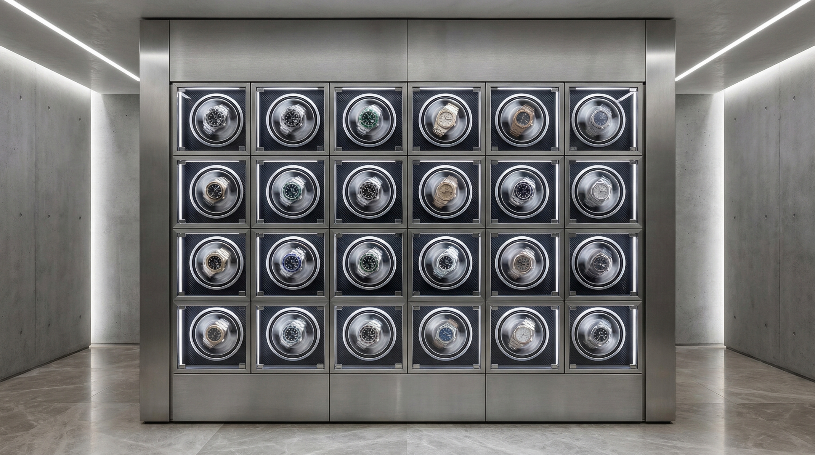 Symmetrical wall-sized array of twenty-four high-tech watch rotors spinning