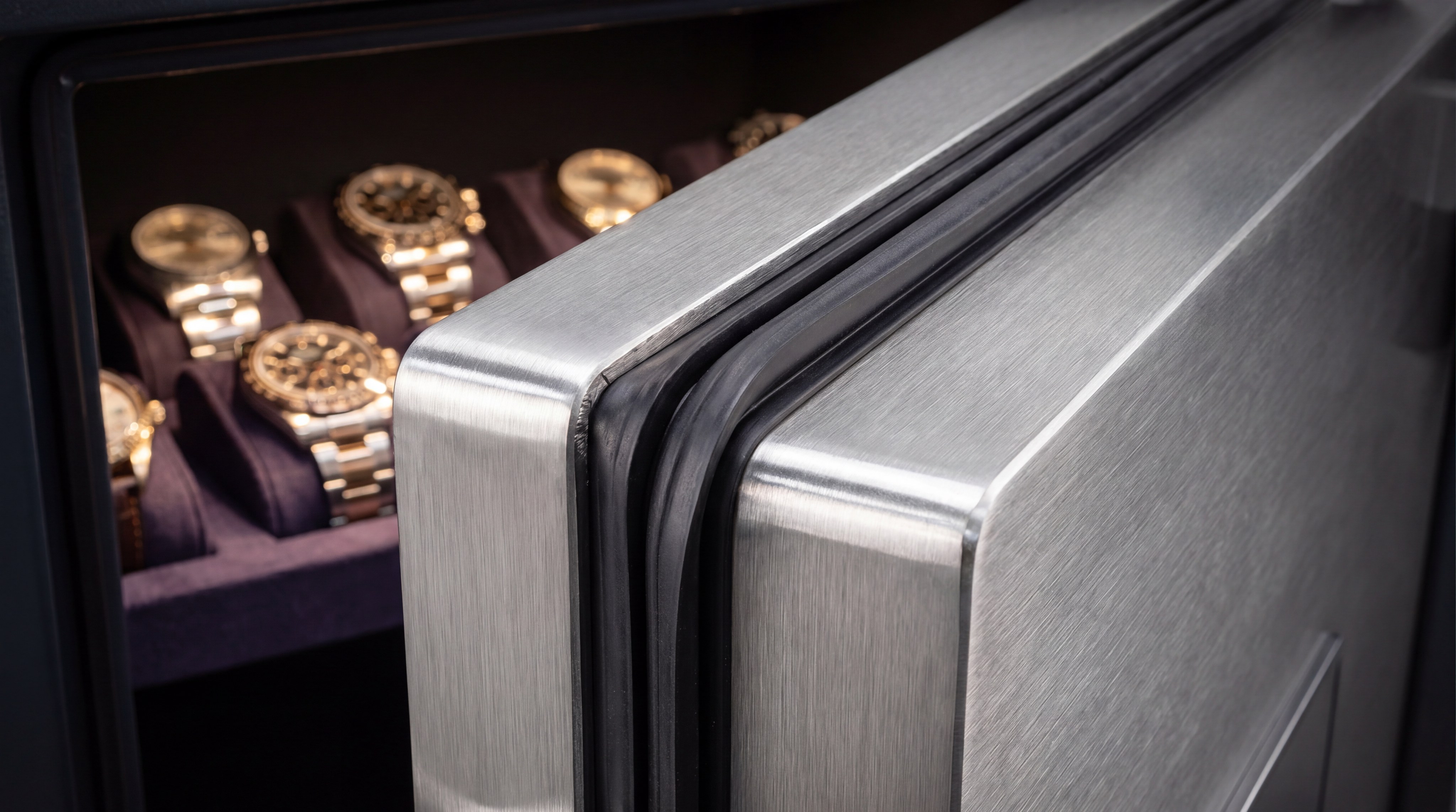 Close up of a watch safe door with rubber seals