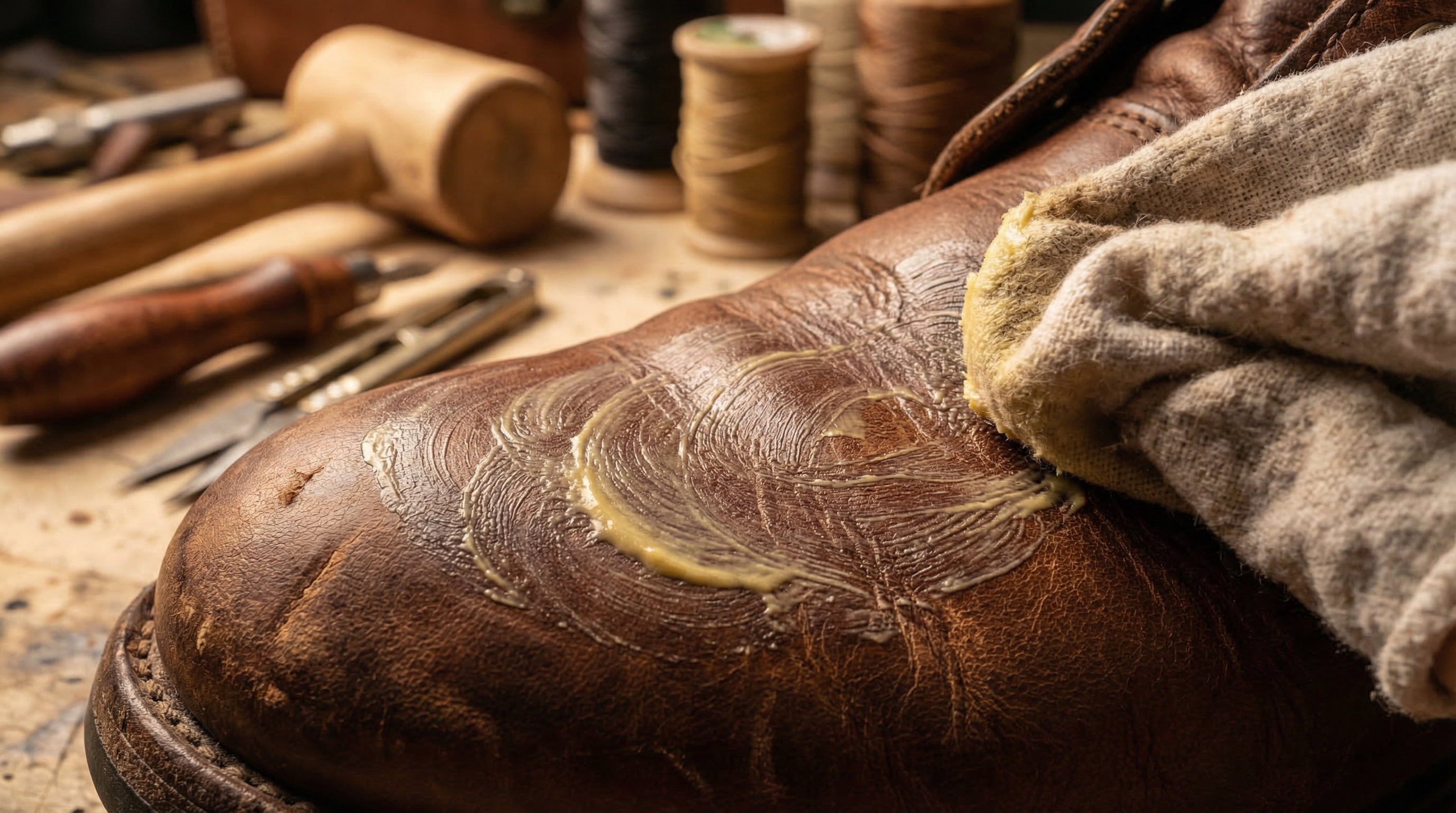 Close up of a person applying leather conditioner with a rag