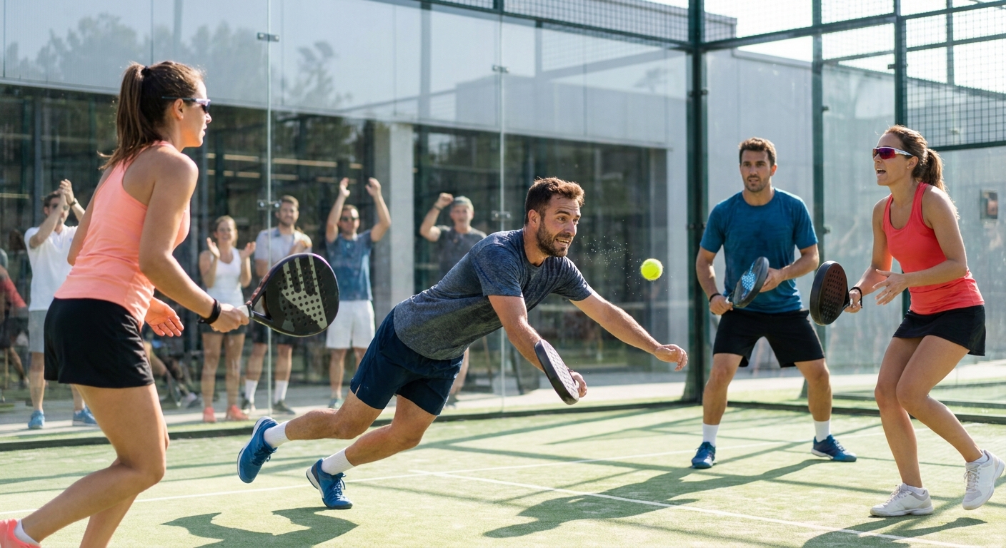 Image 6: Padel doubles match action showing glass wall impact