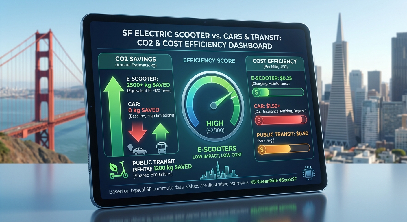 A digital dashboard showing a comparison between e-scooters and cars, highlighting CO2 savings and cost efficiency per mile.