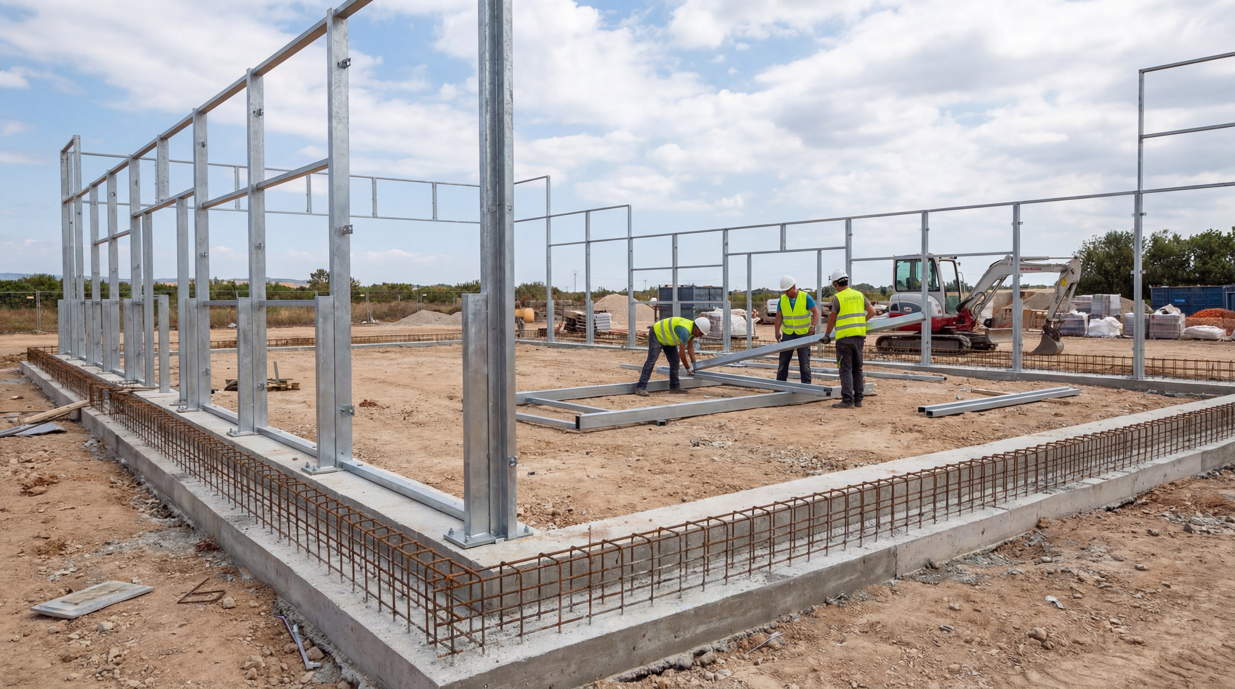 Construction workers installing the steel framework for a padel court
