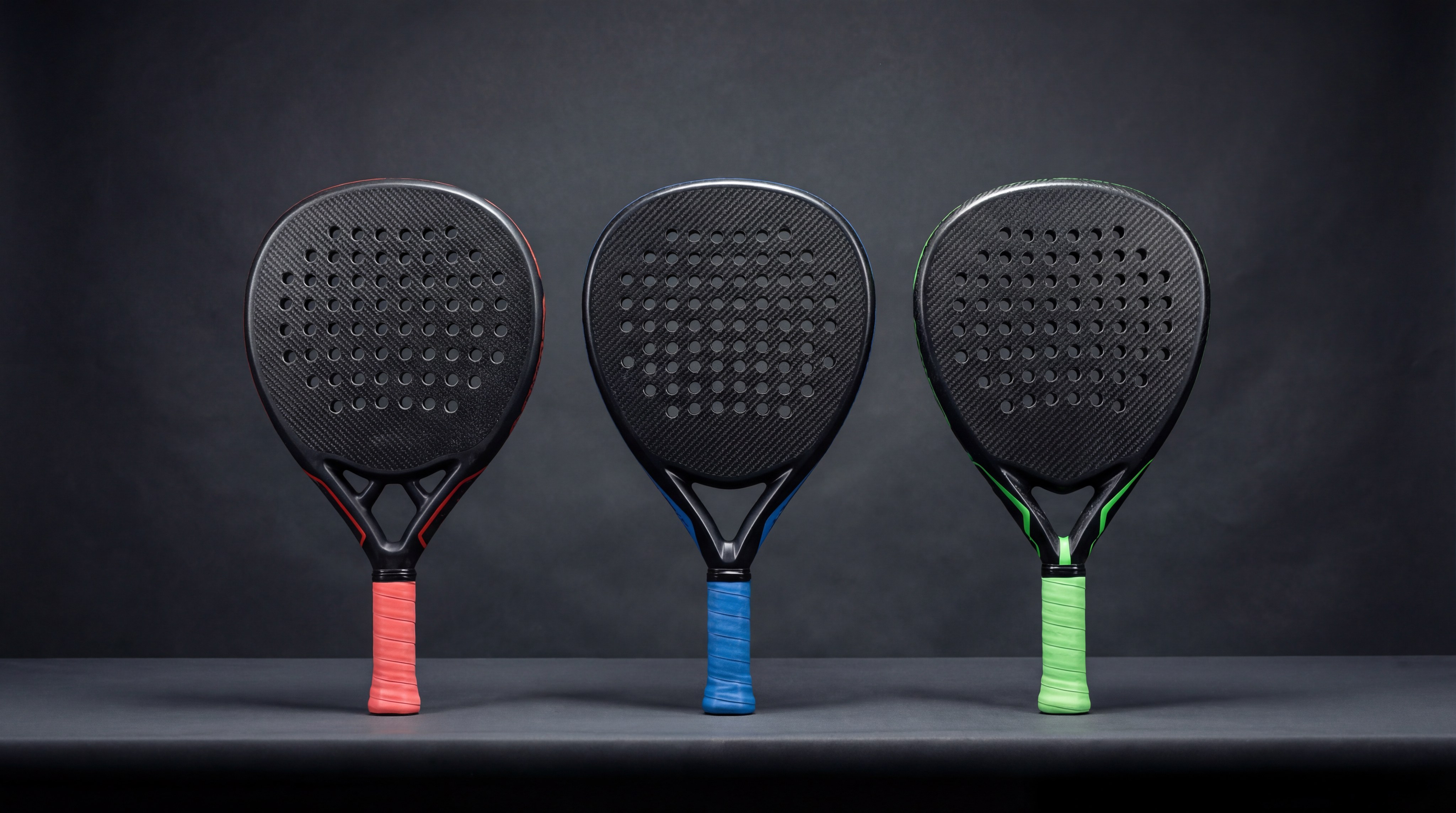 A photorealistic studio shot comparing three padel bats side-by-side: one round, one teardrop, and one diamond-shaped, highlighted with neon accents.