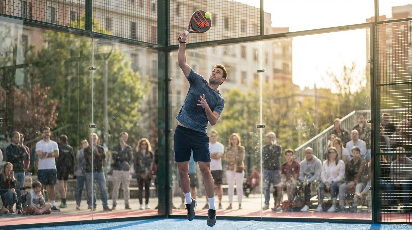 Player executing a smash in a panoramic padel court