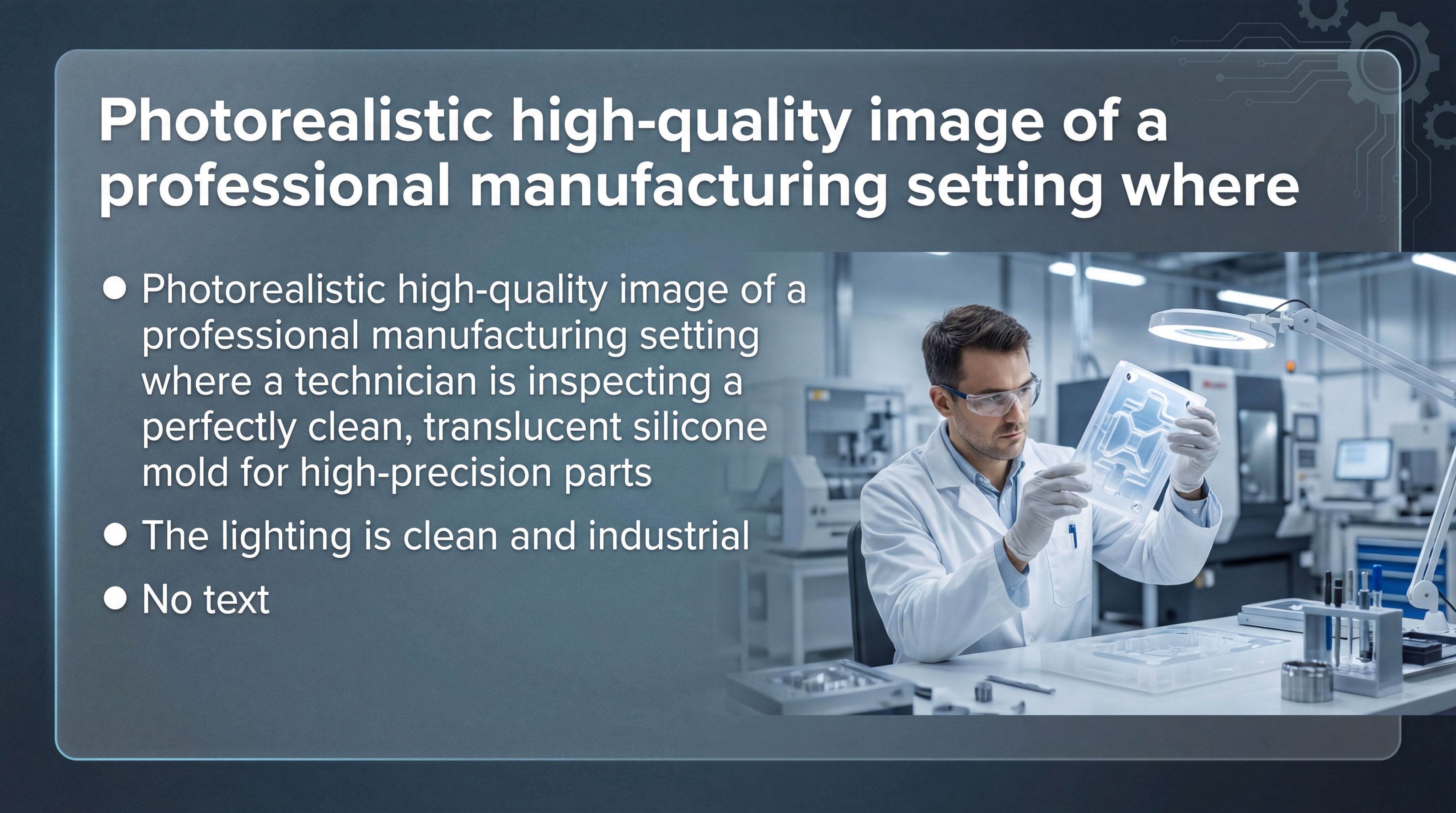 Photorealistic high-quality image of a professional manufacturing setting where a technician is inspecting a perfectly clean, translucent silicone mold for high-precision parts