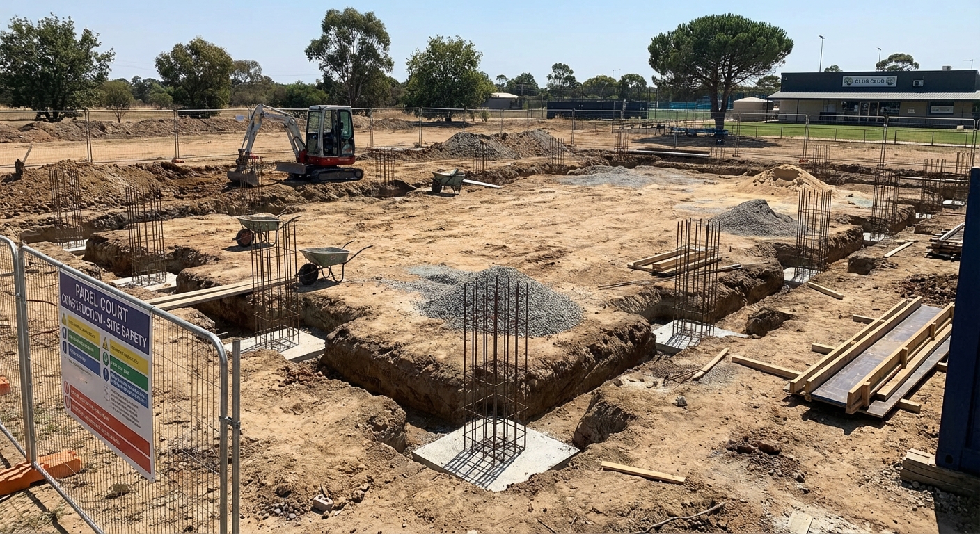Construction site with foundations being poured for a padel court
