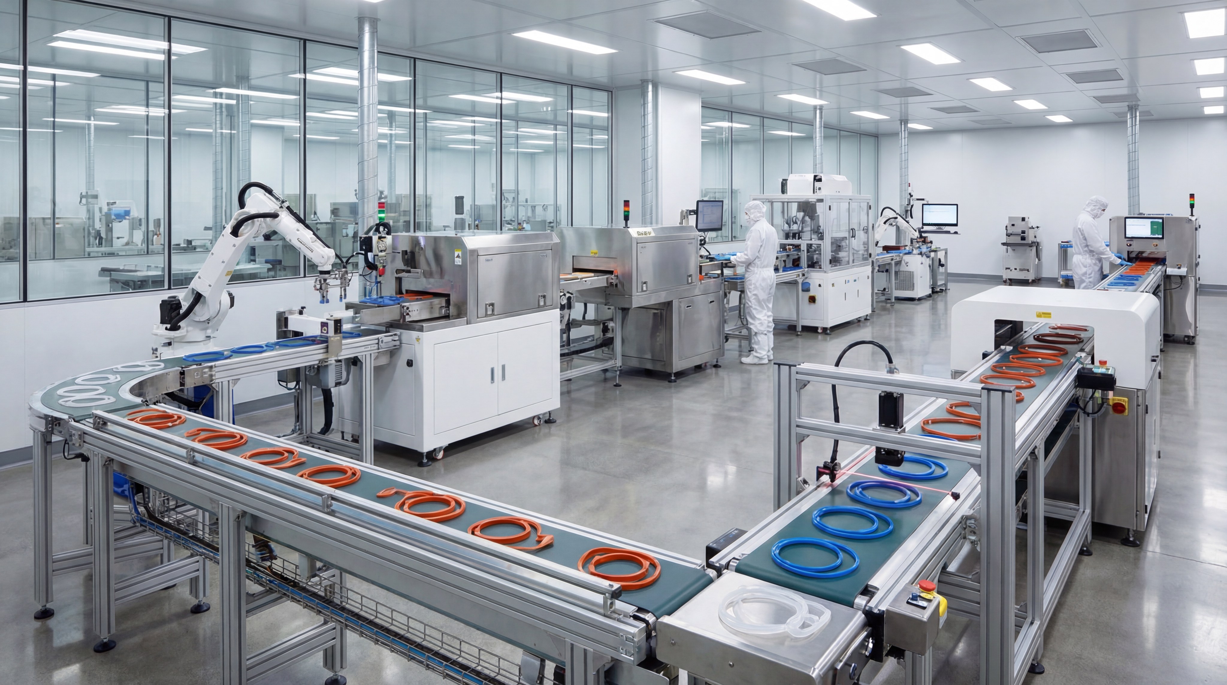 A high-tech cleanroom facility with automated production lines and robotic arms processing industrial gaskets.