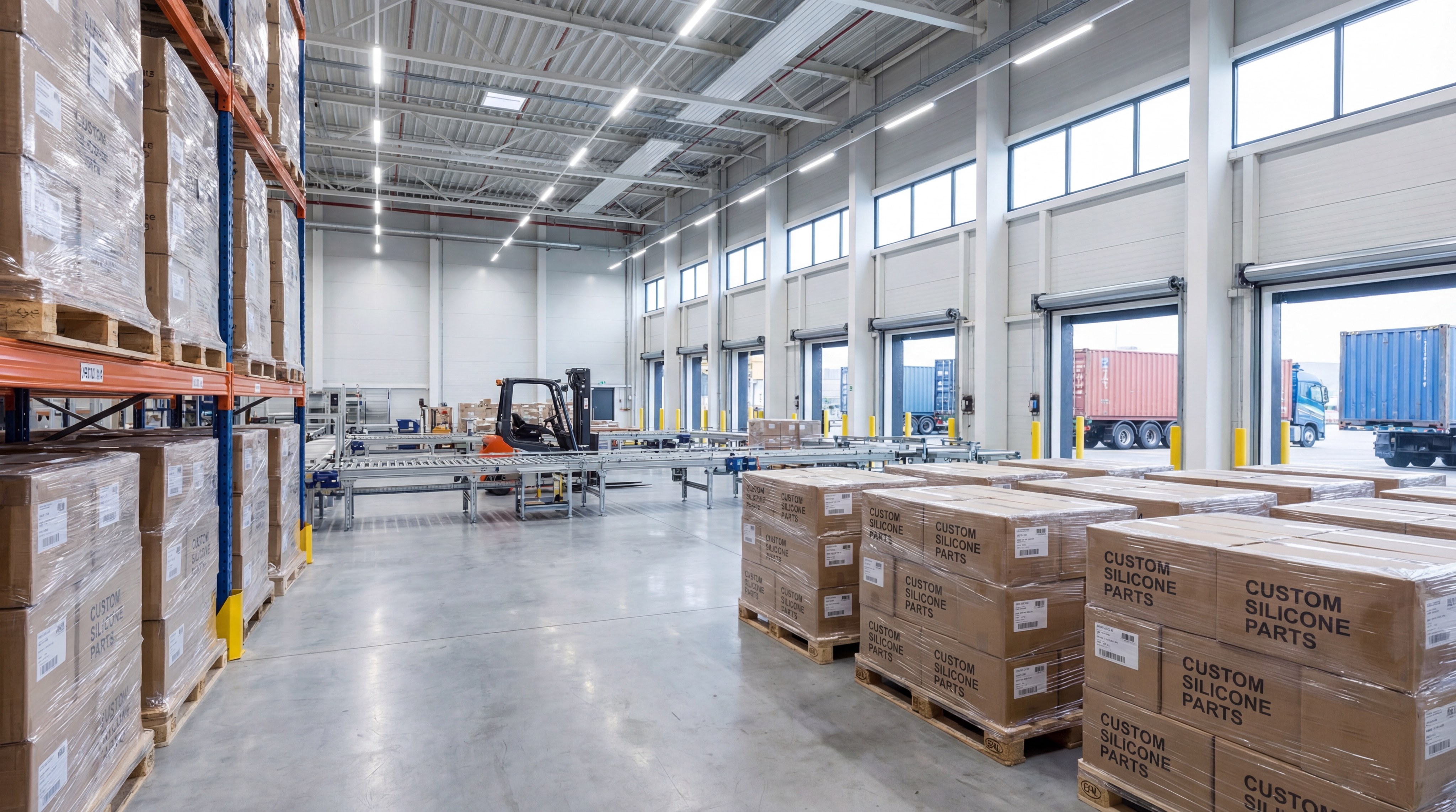 Warehouse showing packaged custom silicone products ready for export
