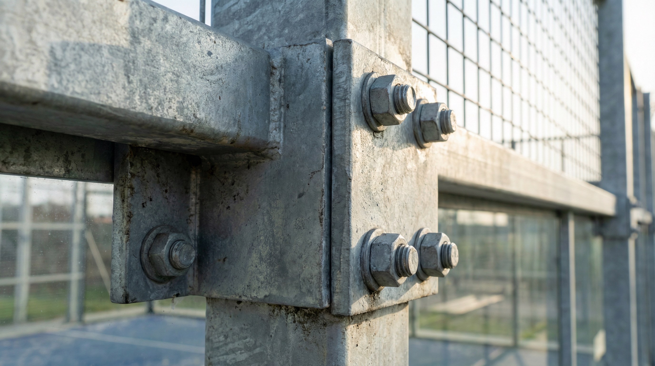 A detailed, macro-style photo showing the hot-dip galvanized steel joints and modular bolts of a Padel structure, emphasizing industrial strength.