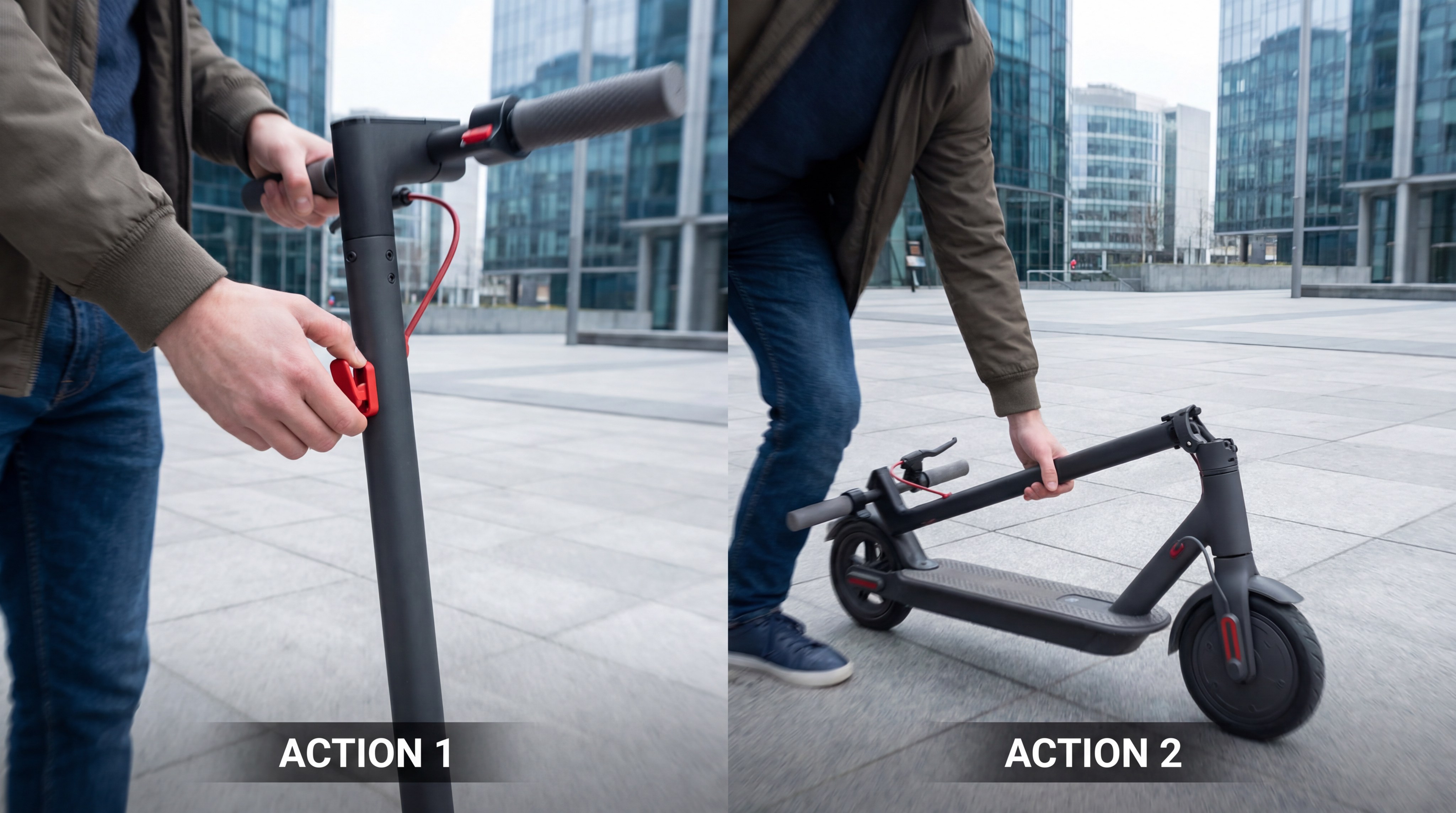 A split-screen image showing the two-step action of folding a scooter: first releasing the safety latch and then collapsing the stem.