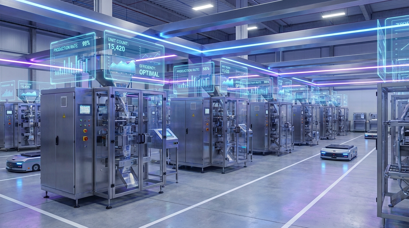 High-tech smart manufacturing floor with interconnected VFFS machines and automated mobile robots.