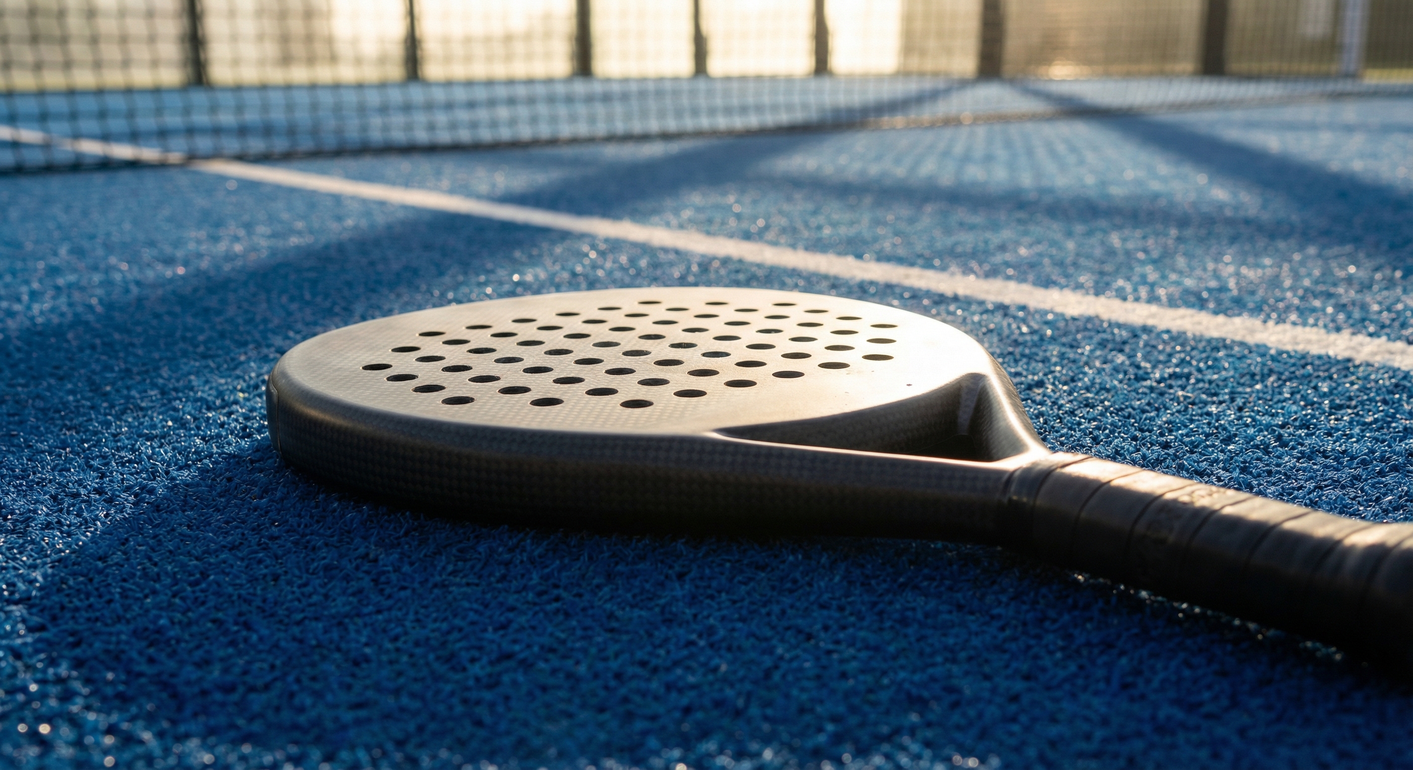 A high-quality hybrid padel racket resting on a court surface