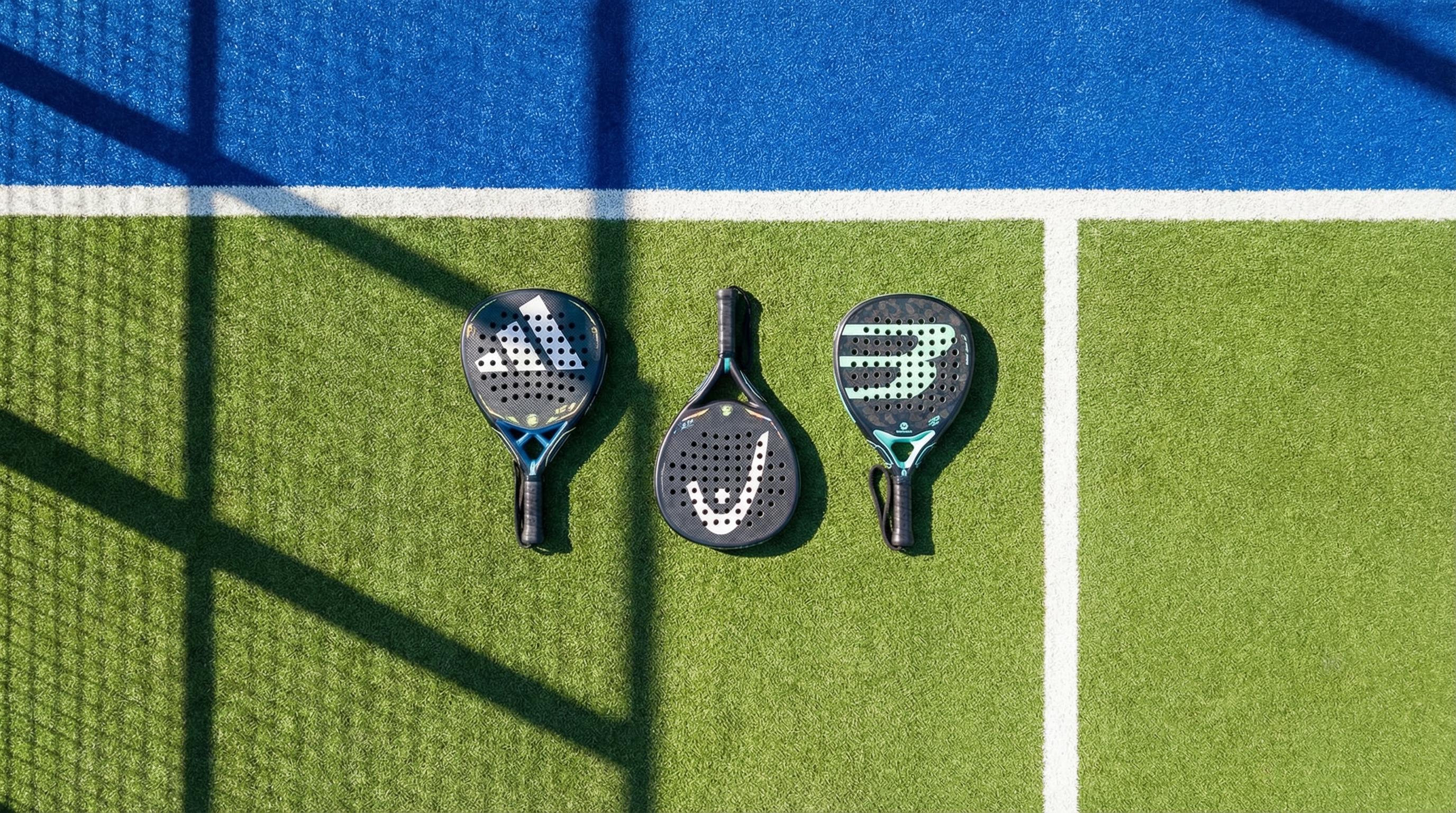 Photorealistic aerial view of three different racket shapes (diamond, drop, hybrid) laid out on a professional padel court, highlighting their unique geometric silhouettes.