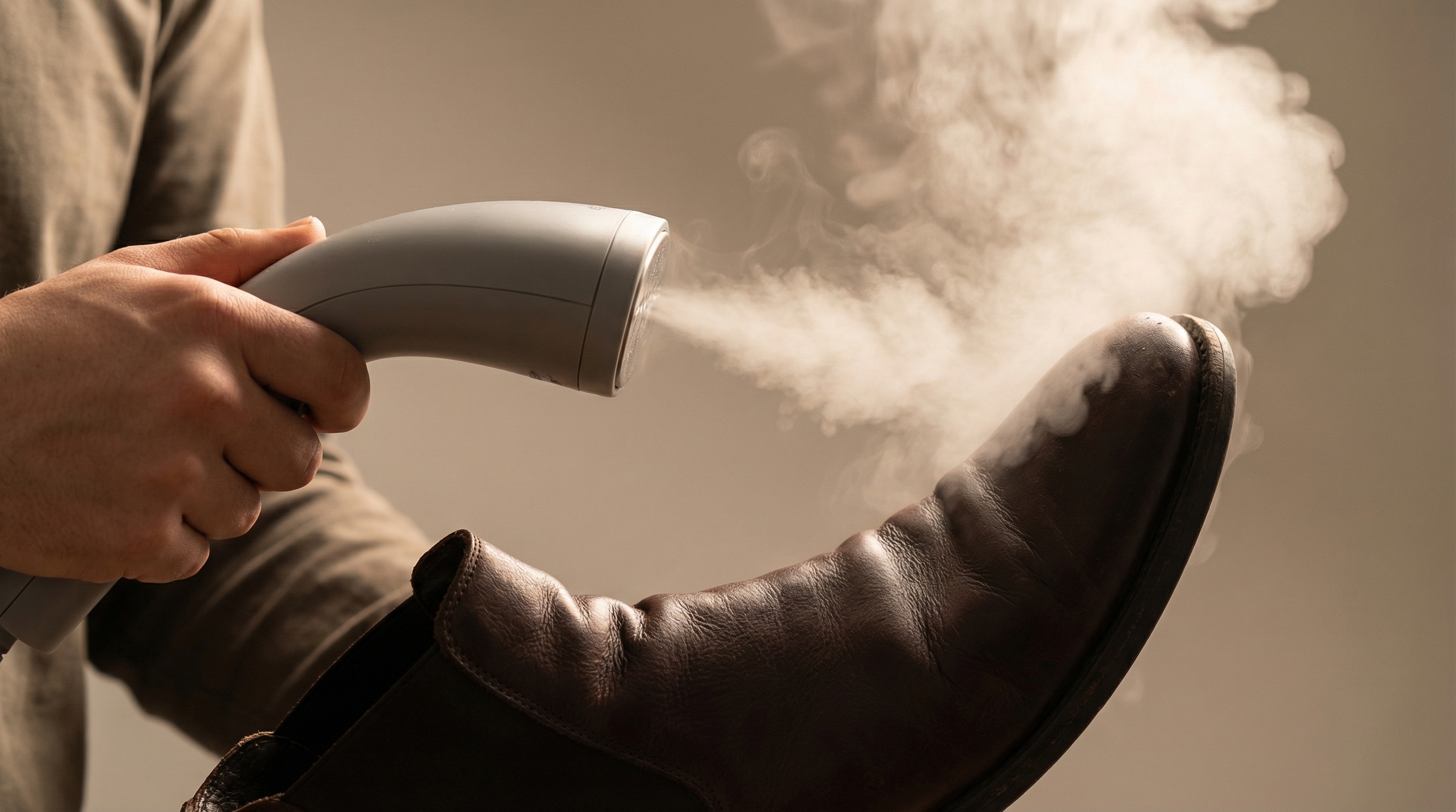 A person using a handheld garment steamer to remove creases from a dark leather boot