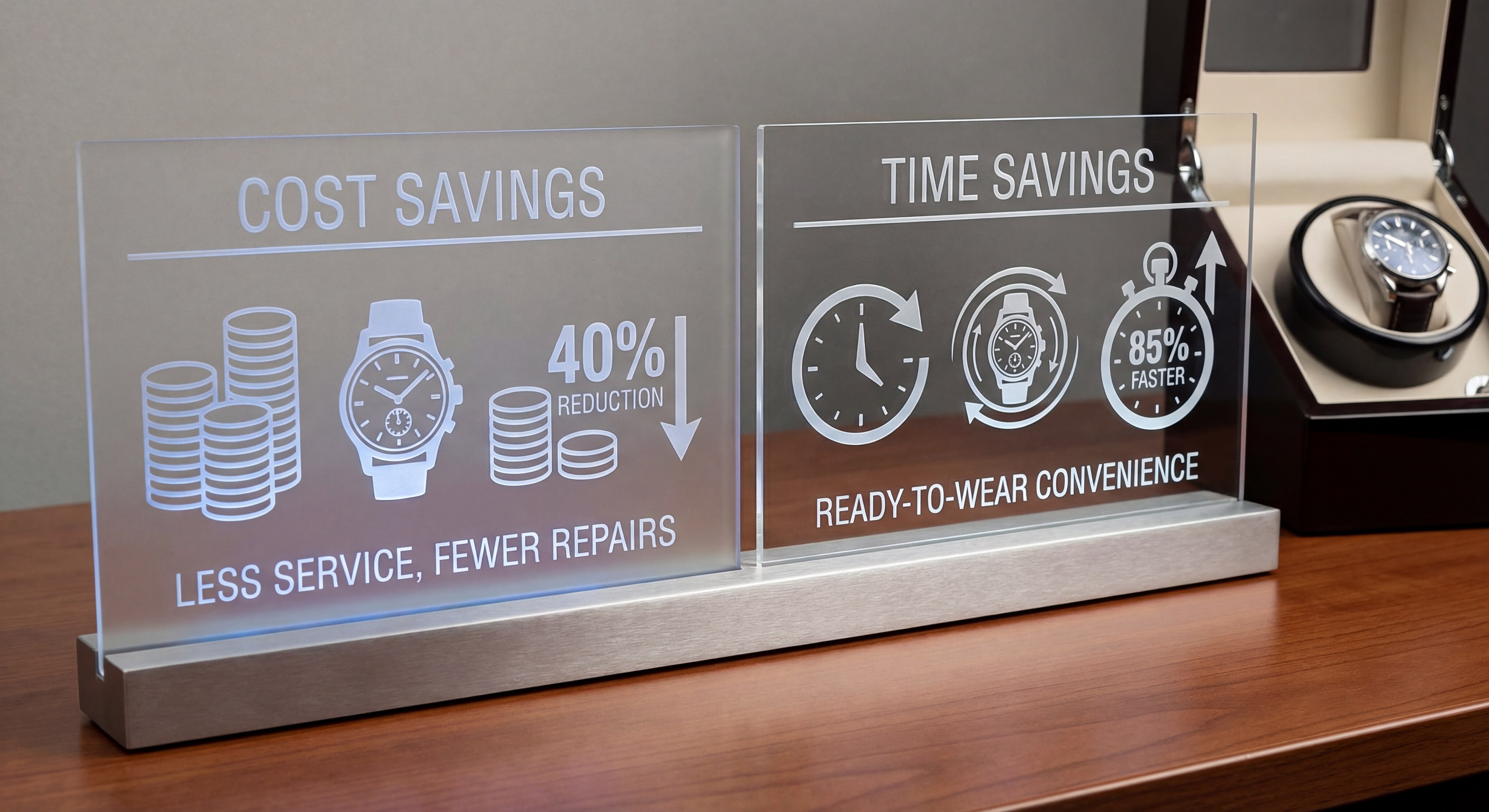 Infographic showing cost and time savings of using a watch winder