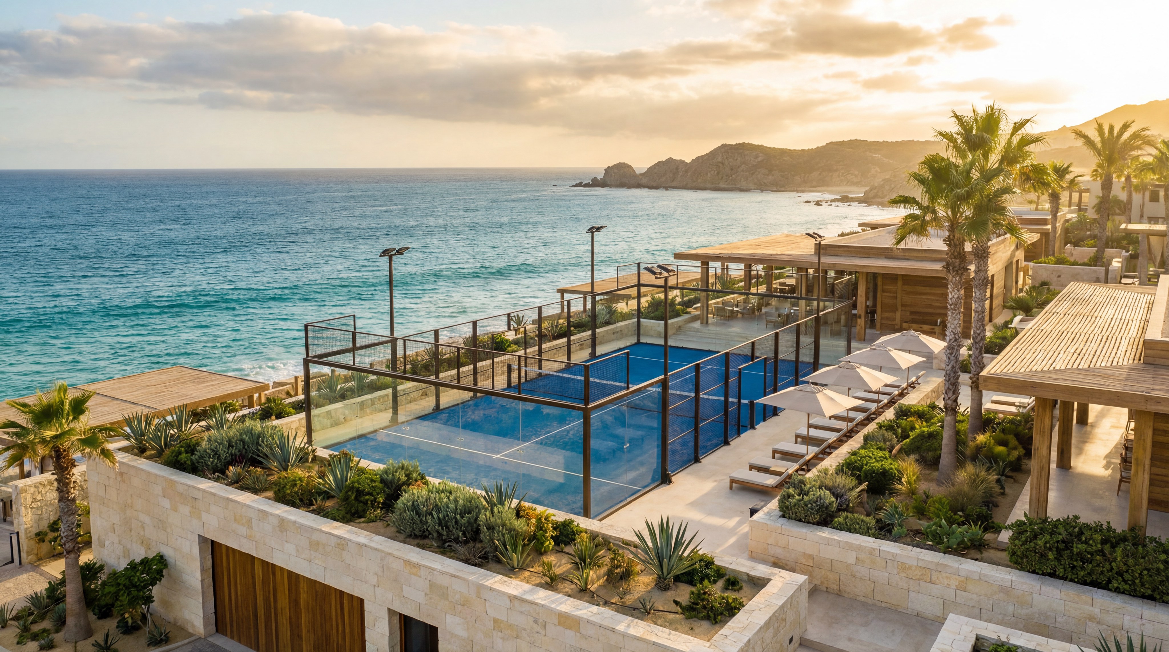 Image: Scenic outdoor padel court surrounded by lush greenery and palm trees