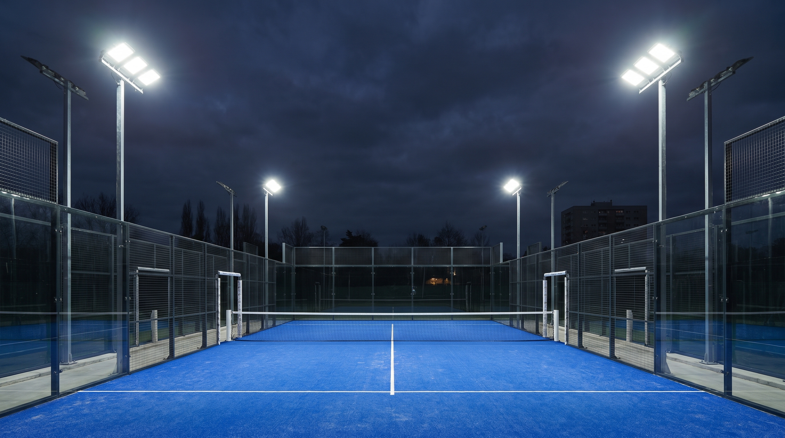 Professional night lighting on a blue padel tennis court.