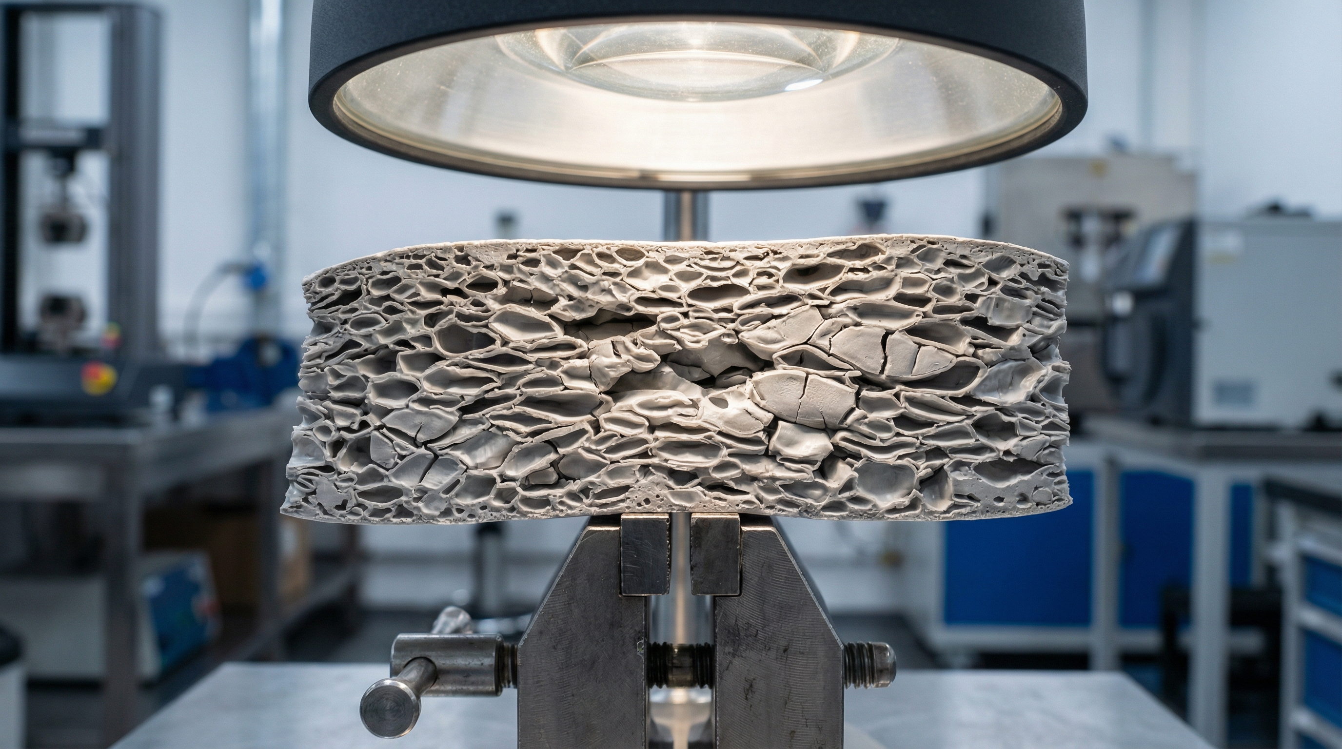 Detailed cross section of a compressed EVA shoe midsole showing cellular wall breakdown
