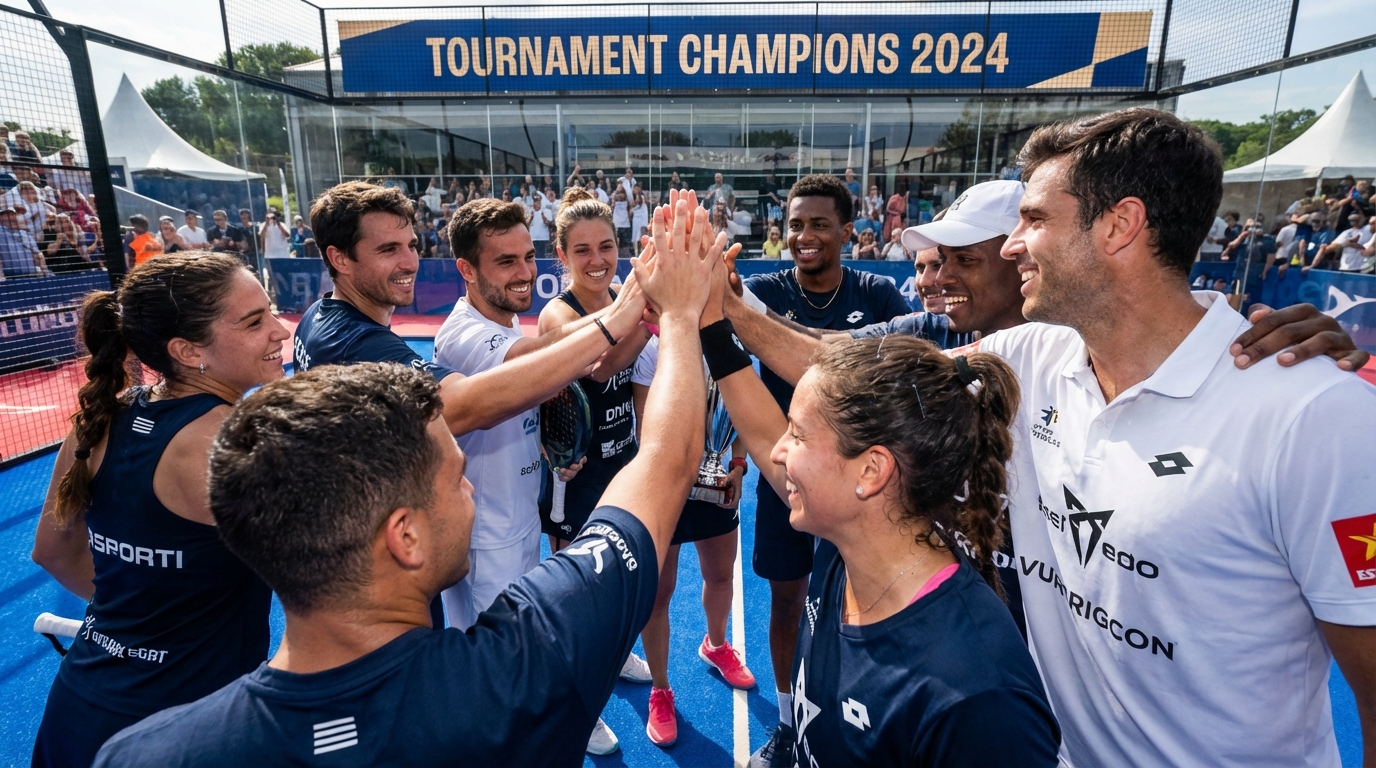 A group of padel players celebrating a tournament victory