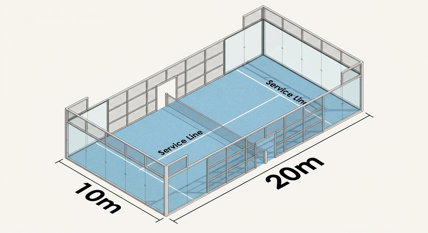 Image 3: Technical drawing showing the 20m x 10m dimensions of a standard padel court