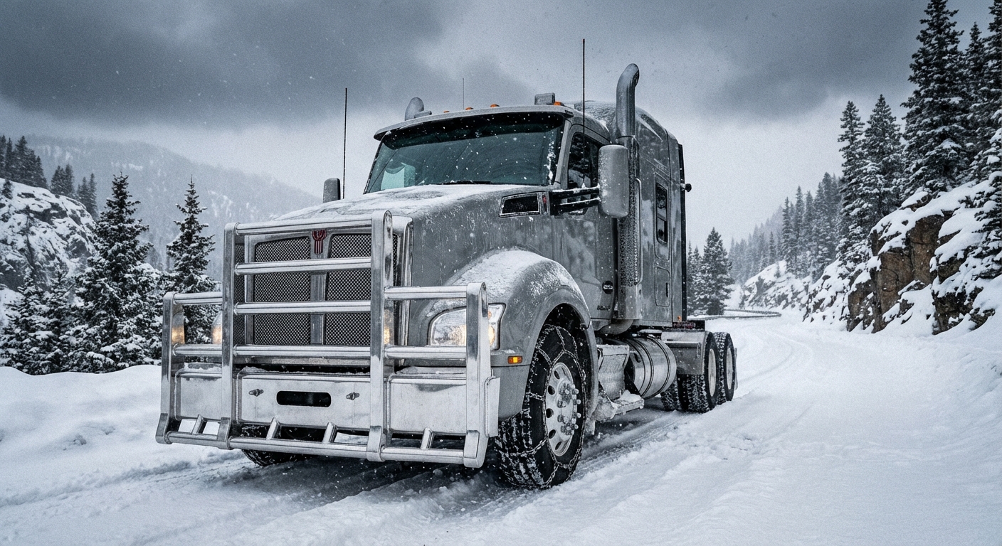 Kenworth truck equipped with a polished grille guard navigating a snow-covered mountain pass