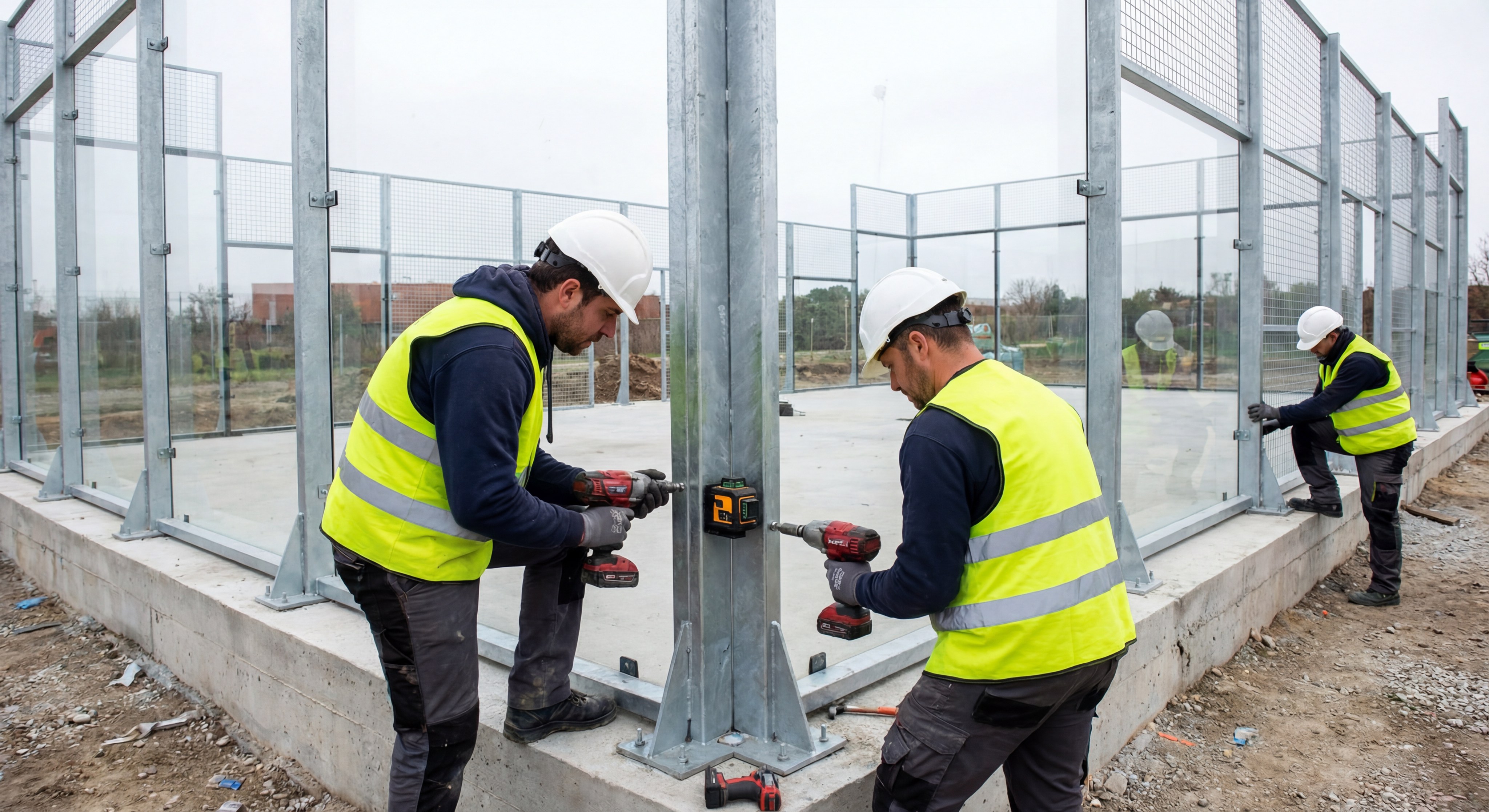 Construction workers assembling a steel padel court framework.