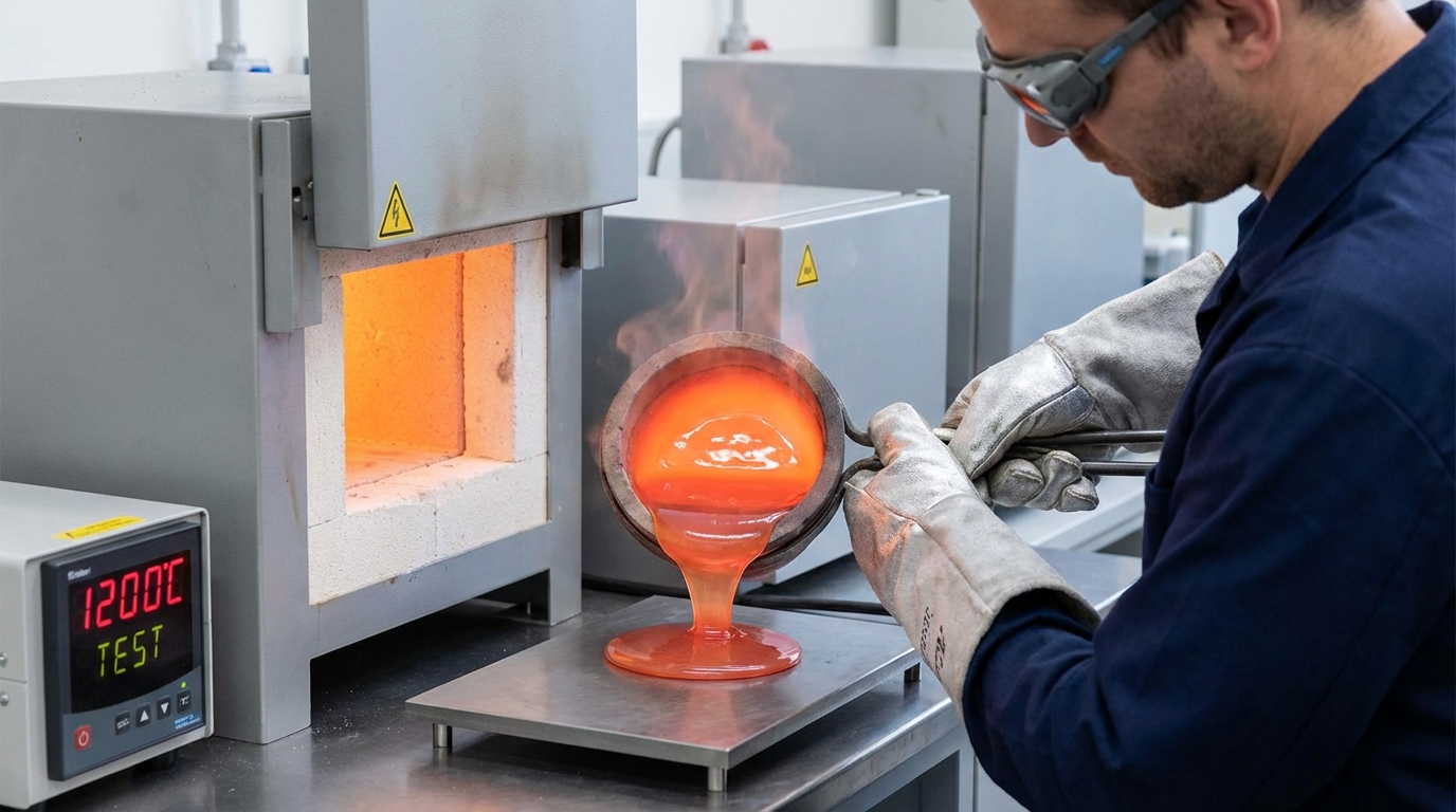 A laboratory technician monitors a high-temperature test of silicone rubber samples in a controlled furnace environment.
