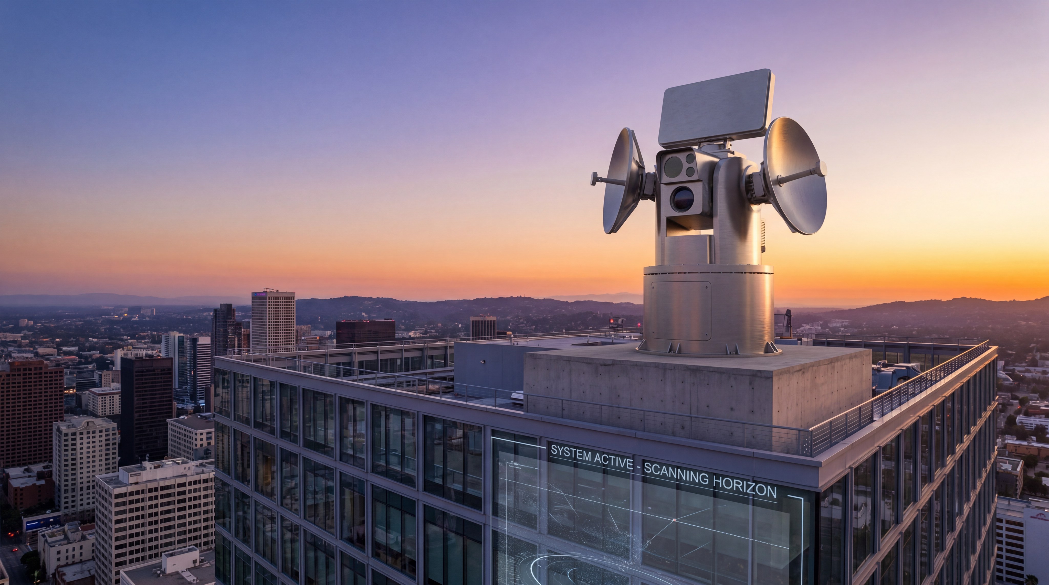 Anti-drone defense system on a skyscraper roof at sunset