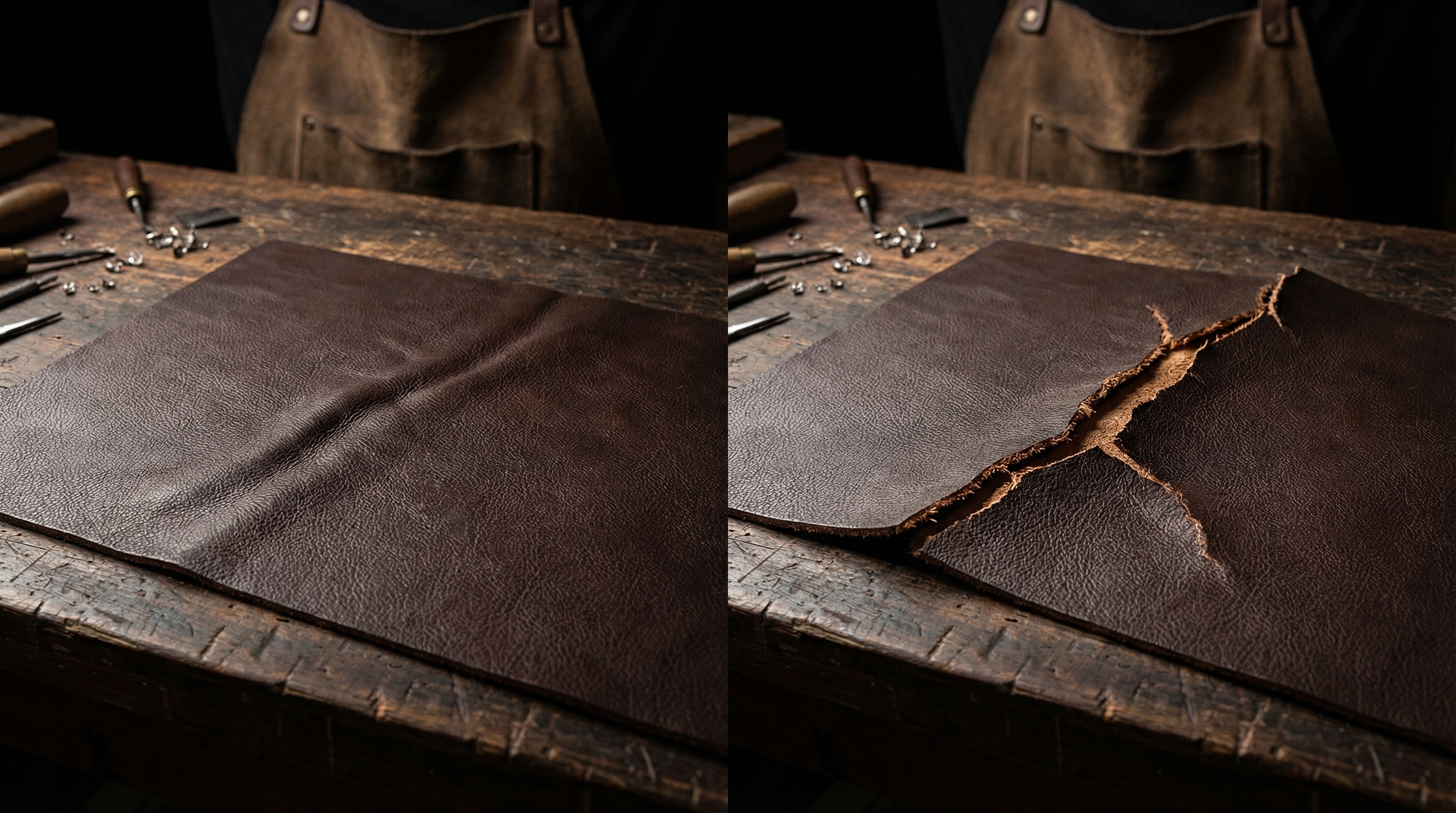 Side-by-side comparison showing a smooth leather piece versus a piece of leather with a deep, structural crack