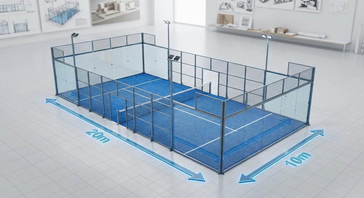 padel court 3d dimensions diagram