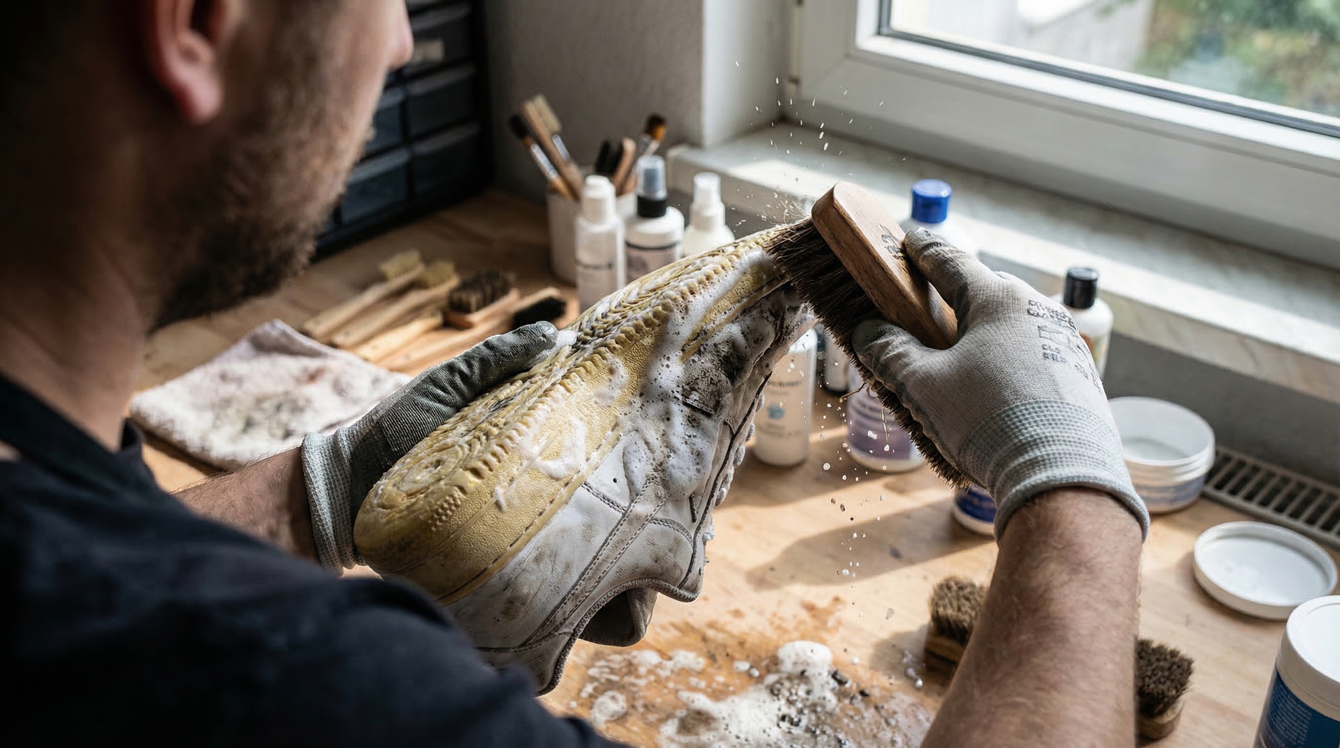 Professional cleaning and restoration of a white sneaker midsole