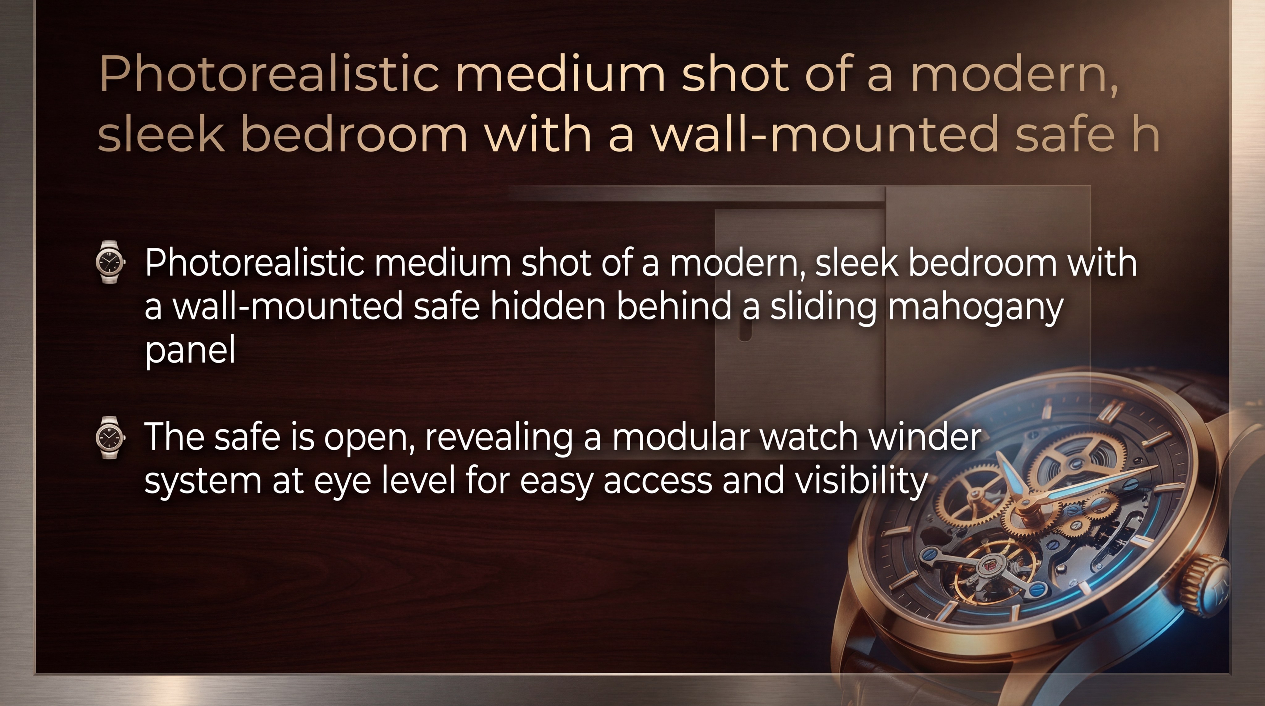 modern sleek bedroom with a wall-mounted safe hidden behind a sliding mahogany panel