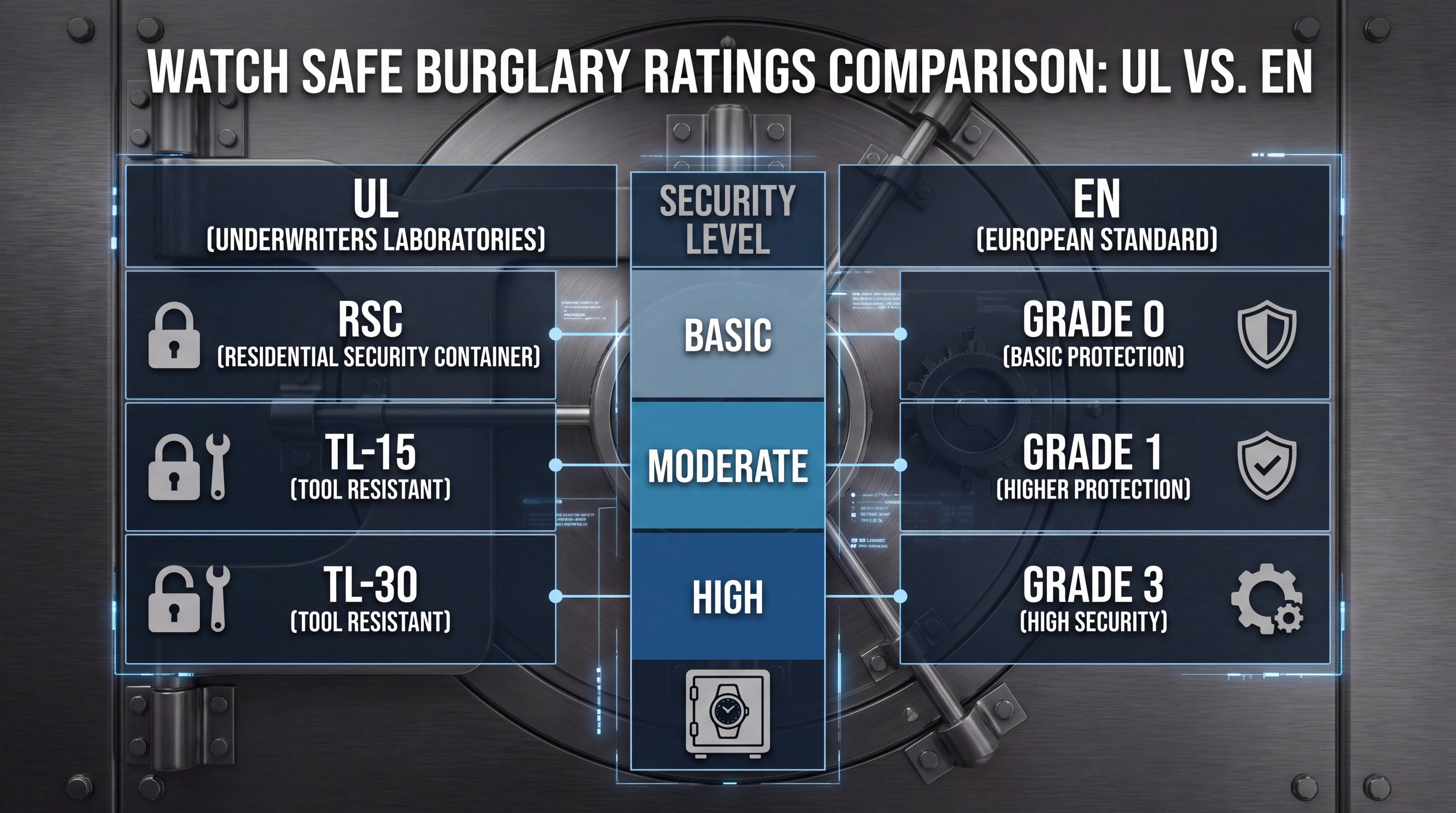 Infographic comparing UL and EN burglary ratings
