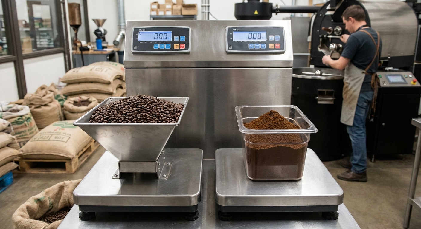 Photorealistic image of coffee roastery staff monitoring an automated weighing system.