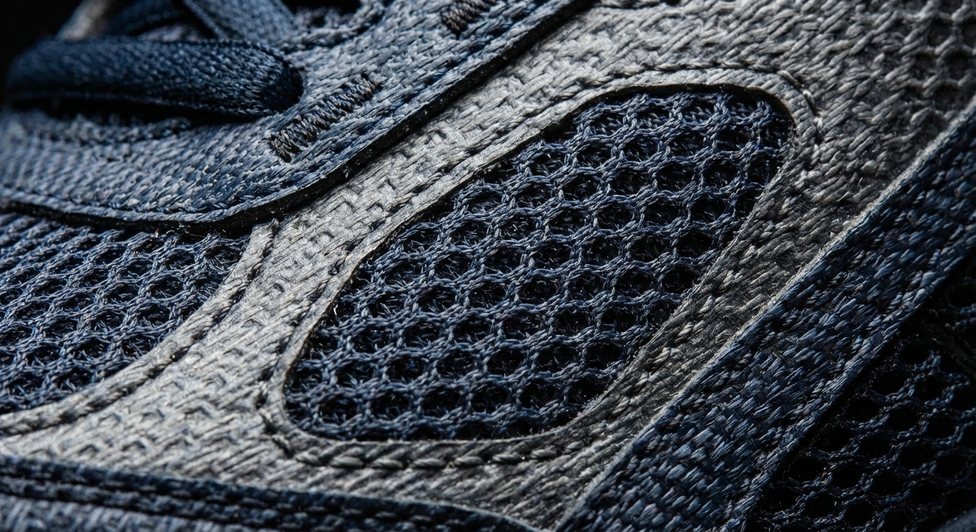Photorealistic close-up of high-tech synthetic fibers and breathable mesh used in footwear construction