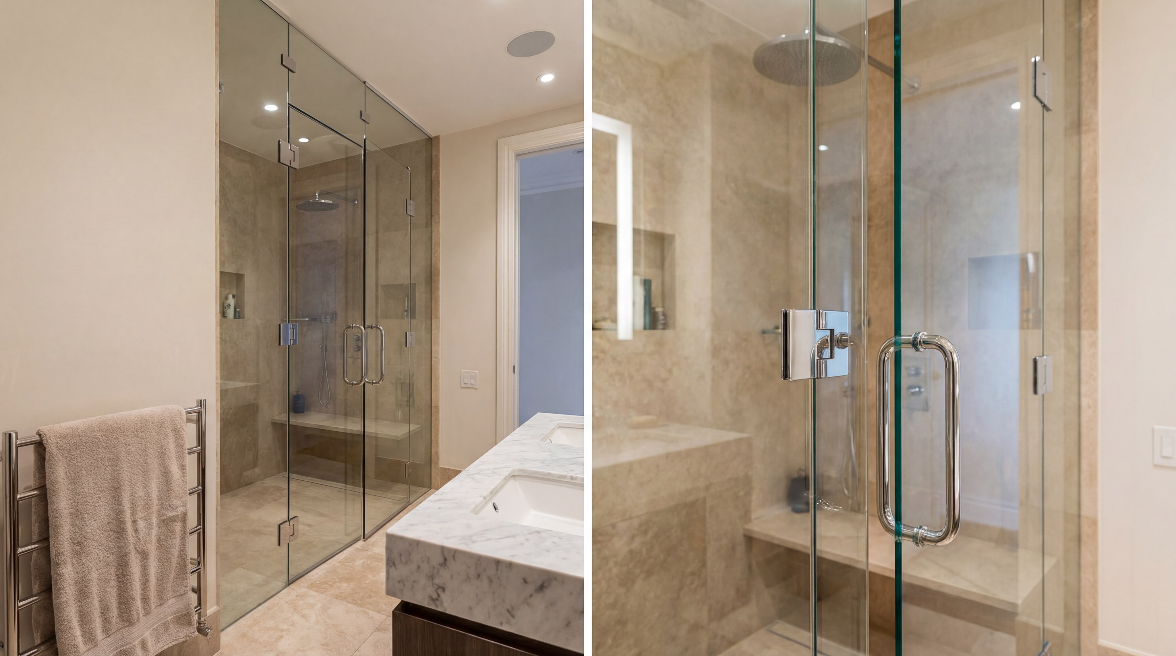 Photorealistic interior of a luxury bathroom showing a thick, frameless tempered glass shower door with heavy-duty chrome hinges, emphasizing the weight and quality of the glass.